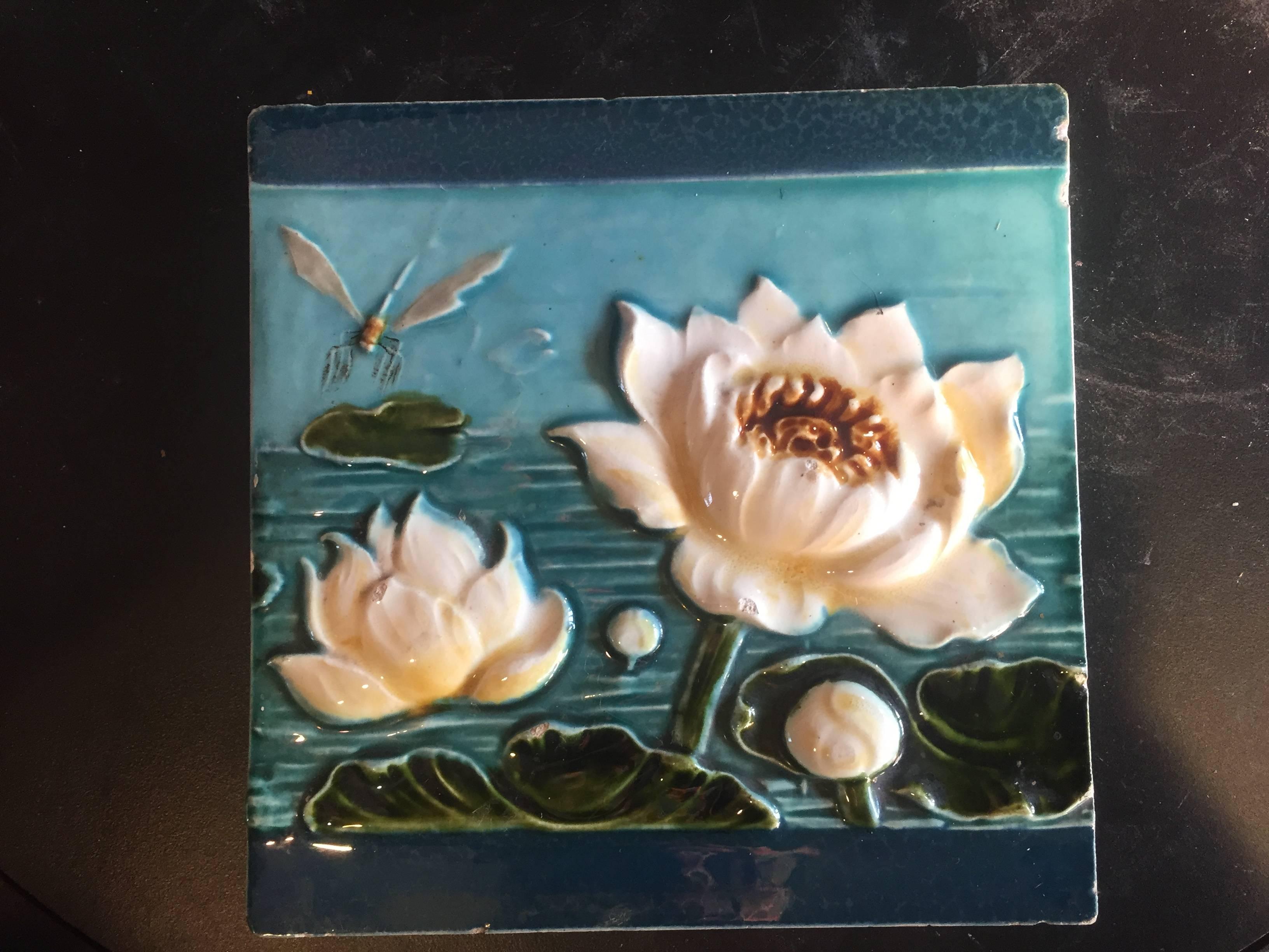Antique Hand-Painted Dragonfly and Lotus Art Nouveau Tiles Beautiful Colors 1