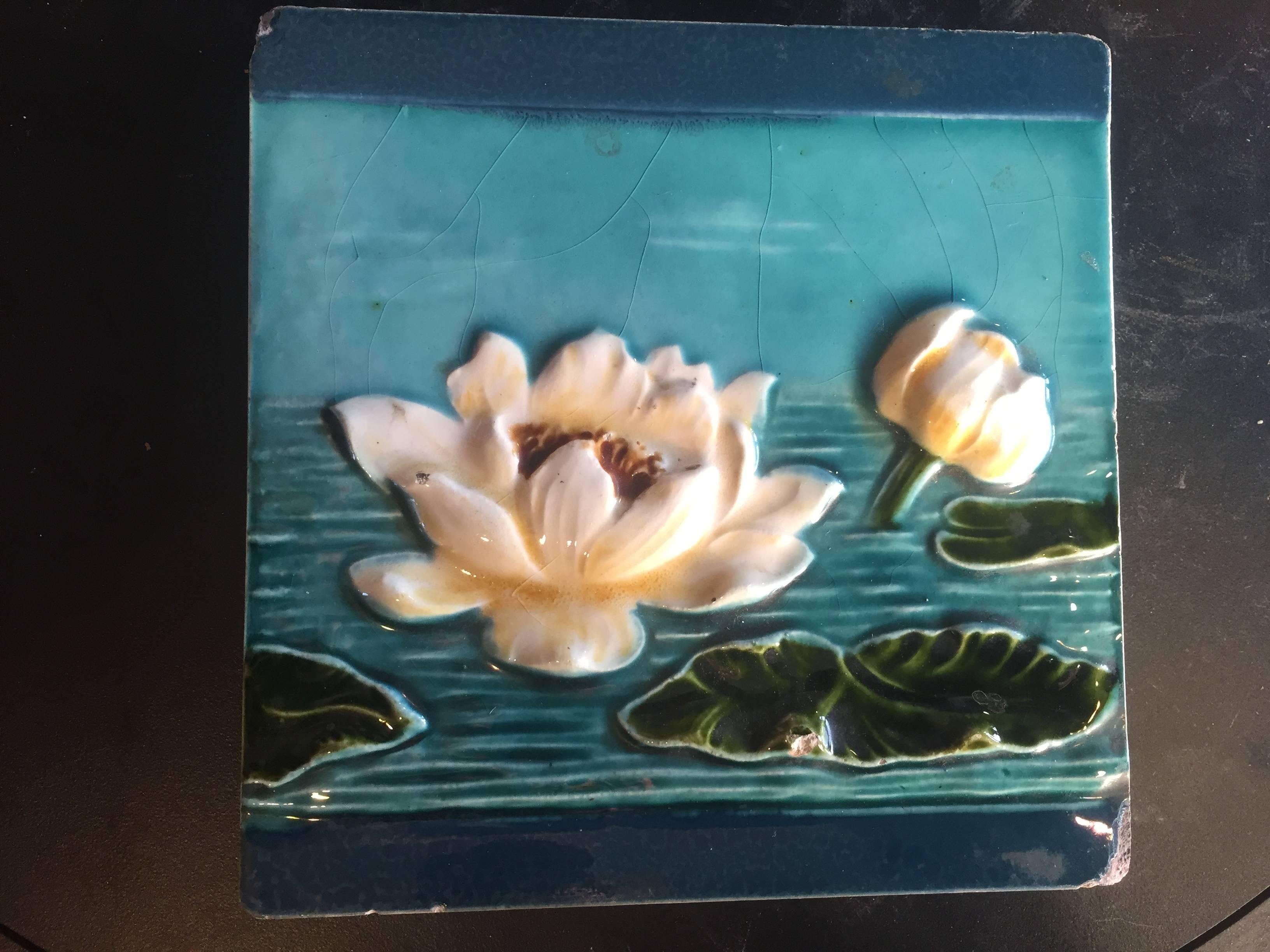 Glazed Antique Hand-Painted Dragonfly and Lotus Art Nouveau Tiles Beautiful Colors