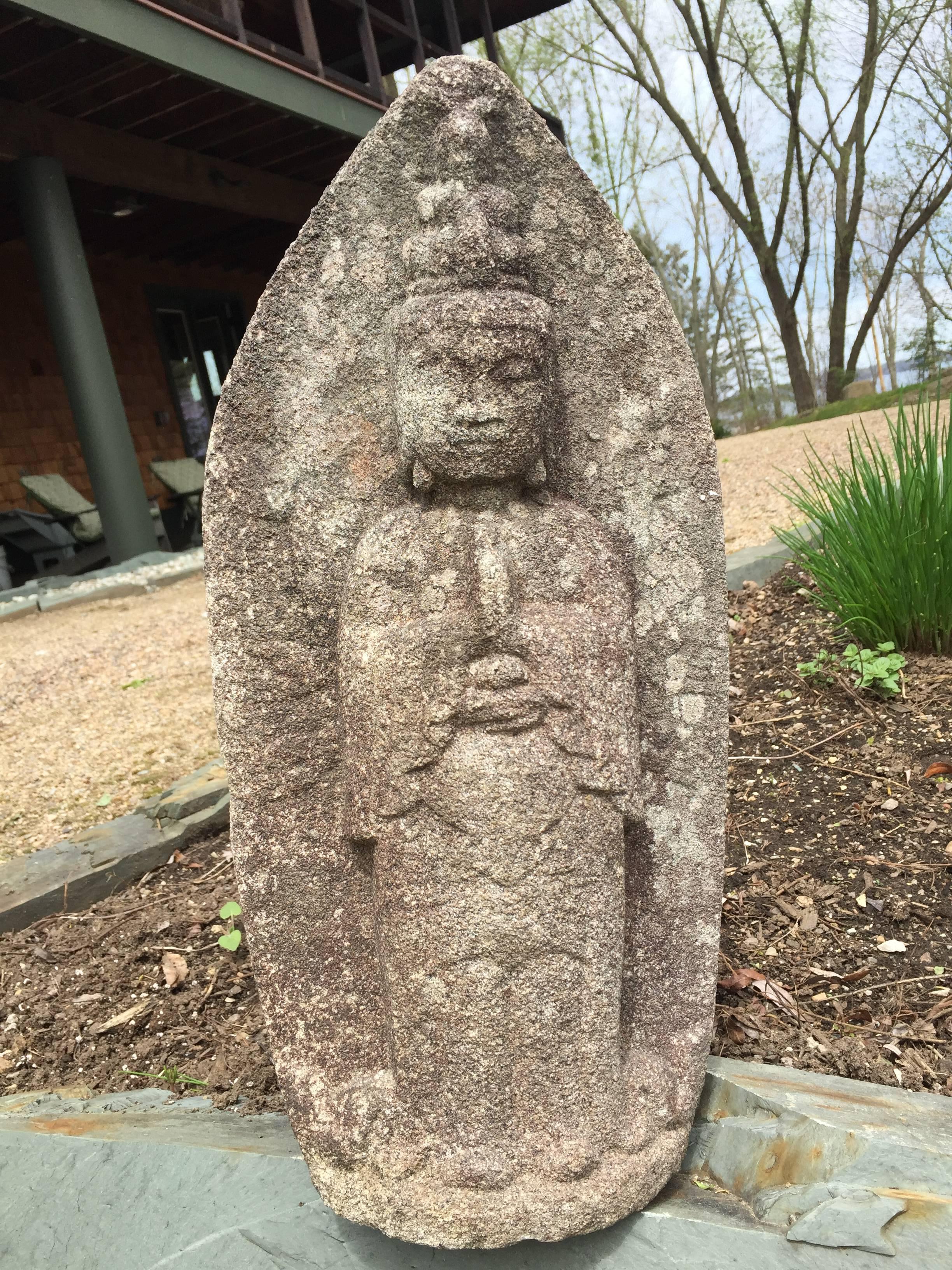 Edo Japanese Stone Kanon Guan Yin in Adoration Pose, 18thc or Earlier