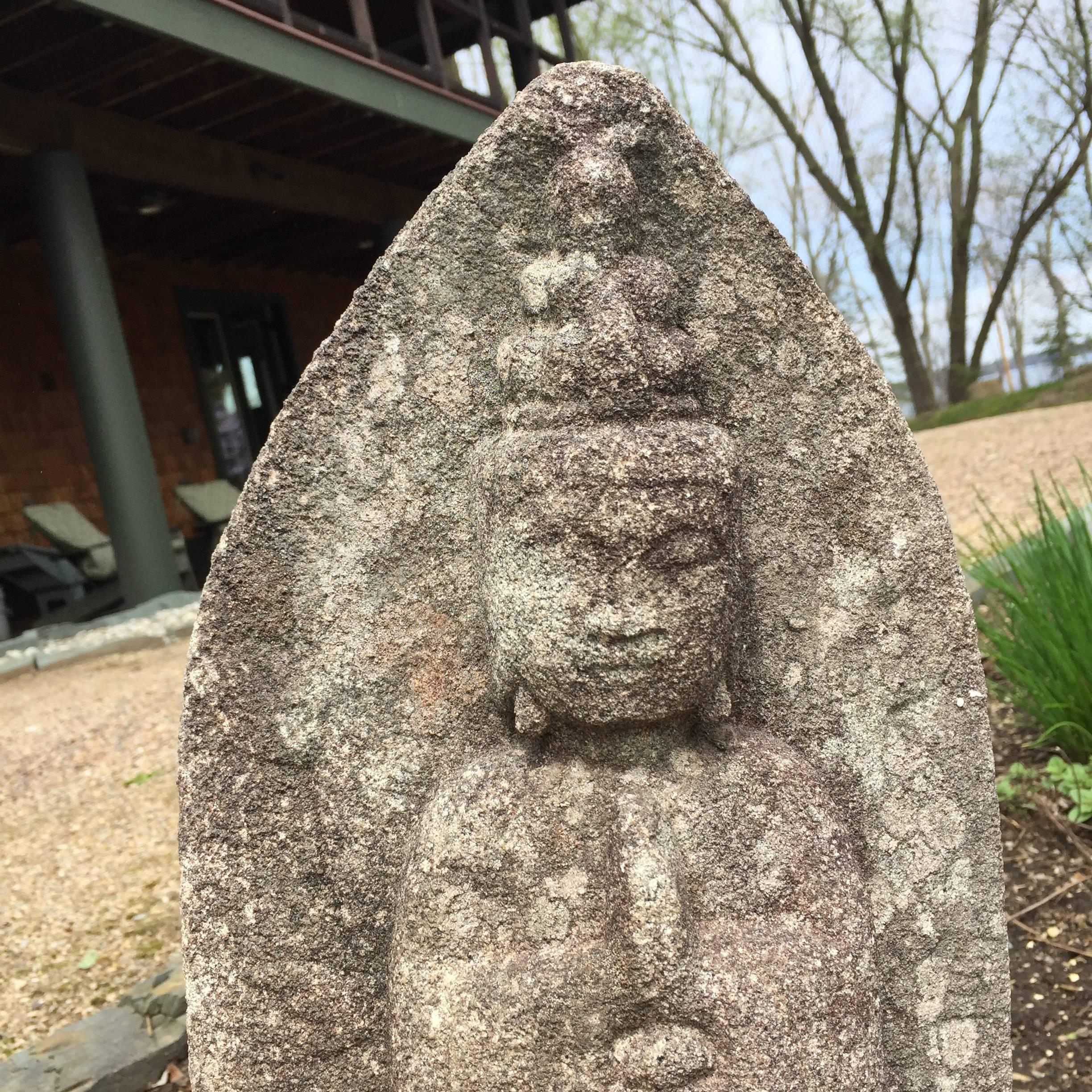 Hand-Carved Japanese Stone Kanon Guan Yin in Adoration Pose, 18thc or Earlier