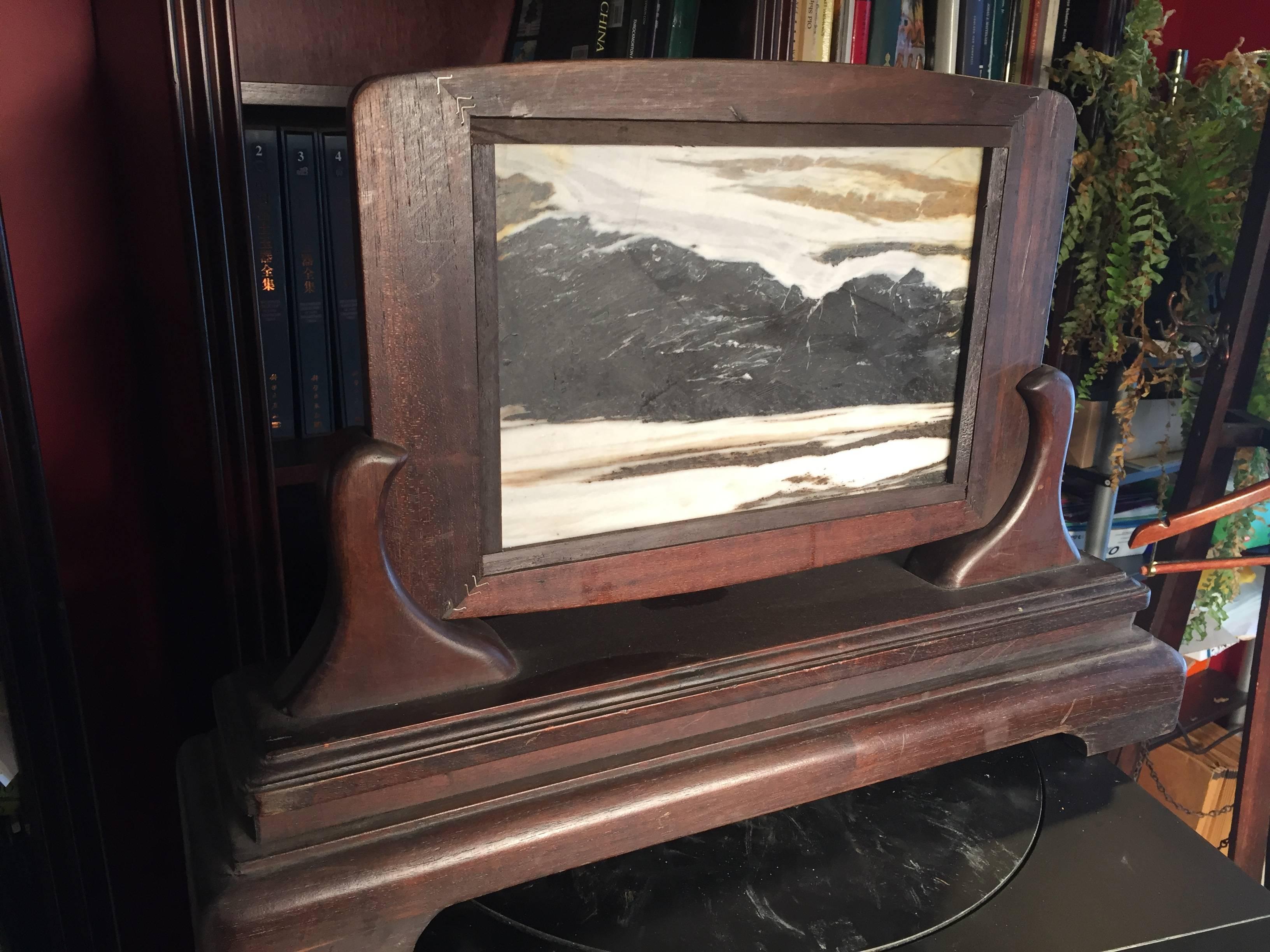 20th Century Beautiful China Natural Stone Marble Painting Displayed in Custom Table Frame