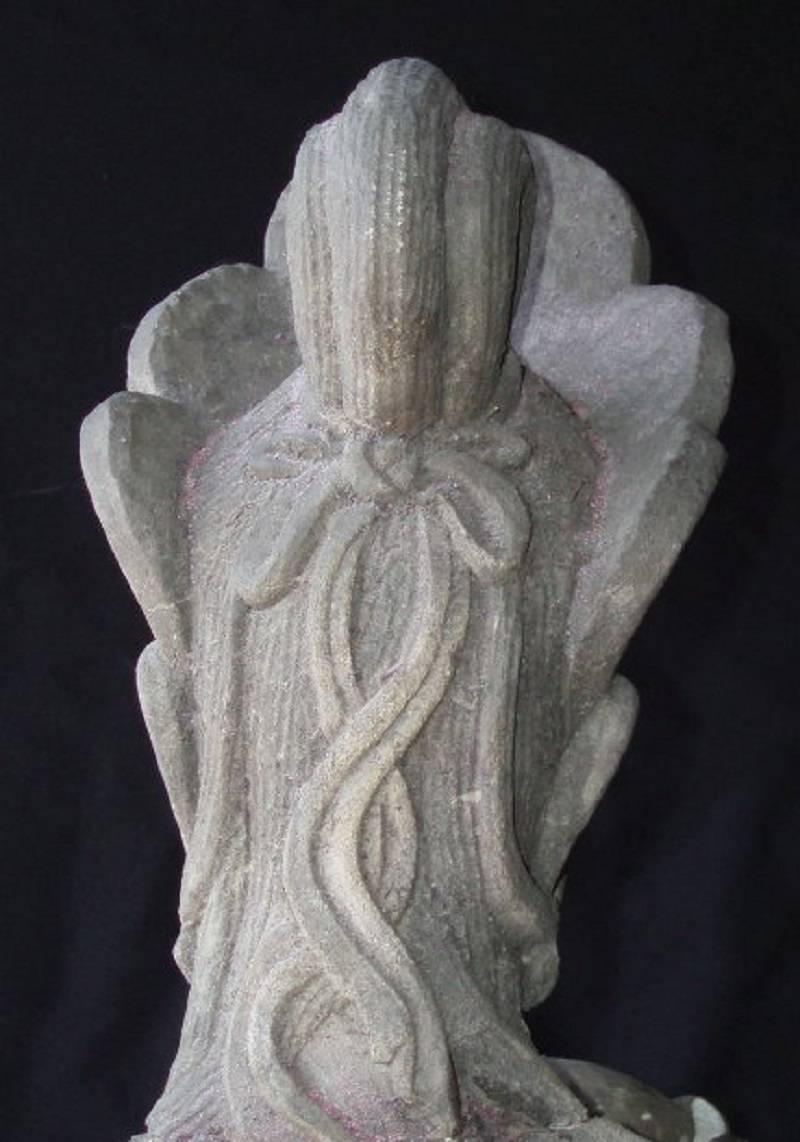 Stone China Early Hand-Carved Joyful Guan Yin Buddha International Pose Qing Dynasty