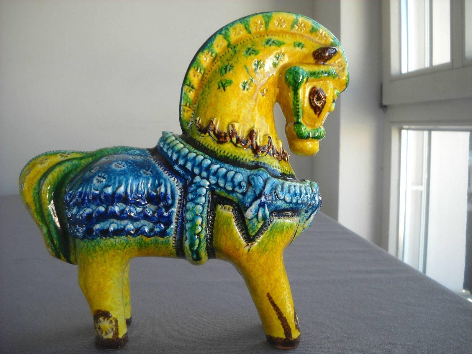 Ceramic  Antique Handmade Hand Glazed Horse Sculpture Brilliant Colors