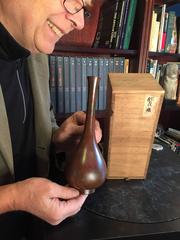 Japanese Fine Antique Tall Hand Cast Bronze Bud Vase Signed Mint & Boxed