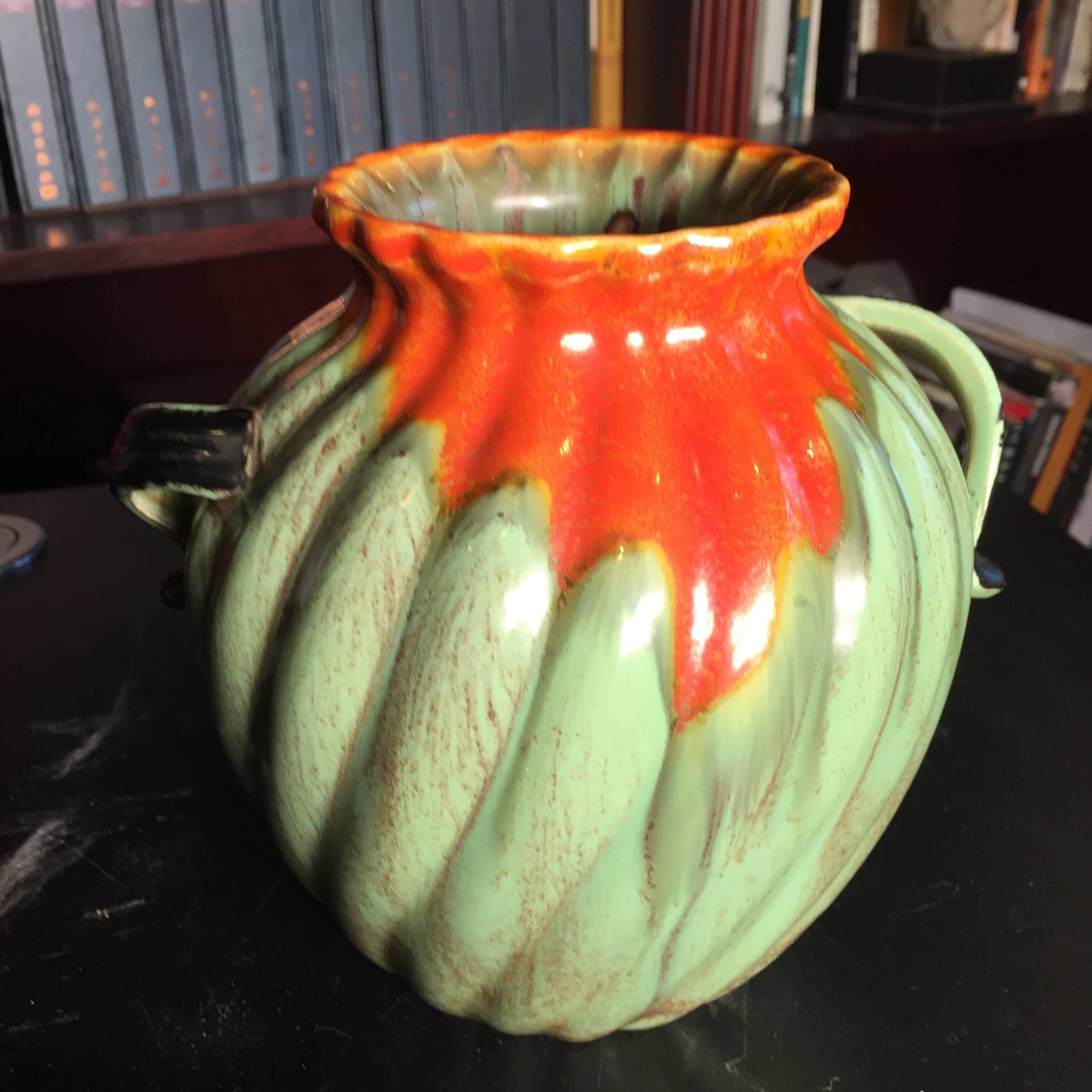 Mid-Century Modern Sweet Antique Two Handled Pot in Organic Green and Tomato Red Colors, 1960