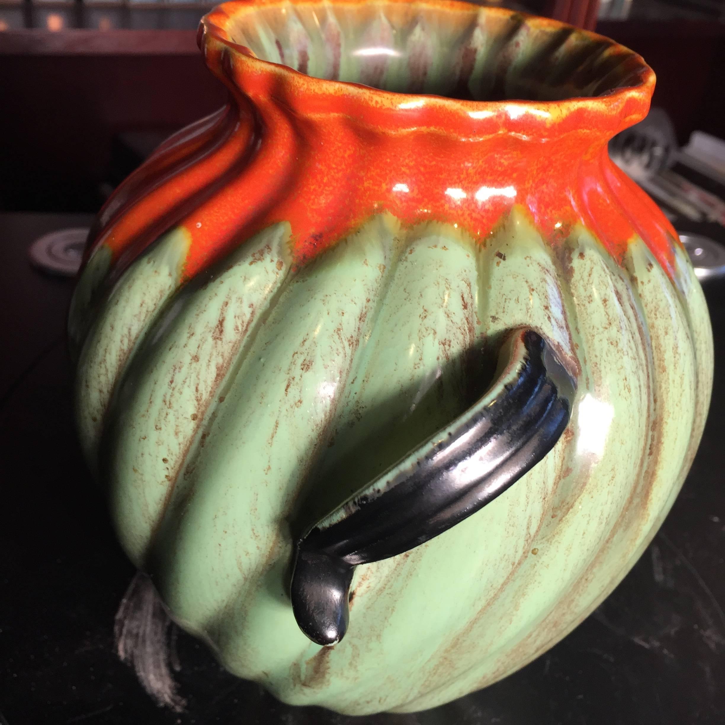 Hand-Crafted Sweet Antique Two Handled Pot in Organic Green and Tomato Red Colors, 1960