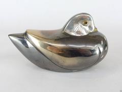 Attractive Japan Antique Mandarin Duck Pair Silver Gilt Bronze Signed wood Box