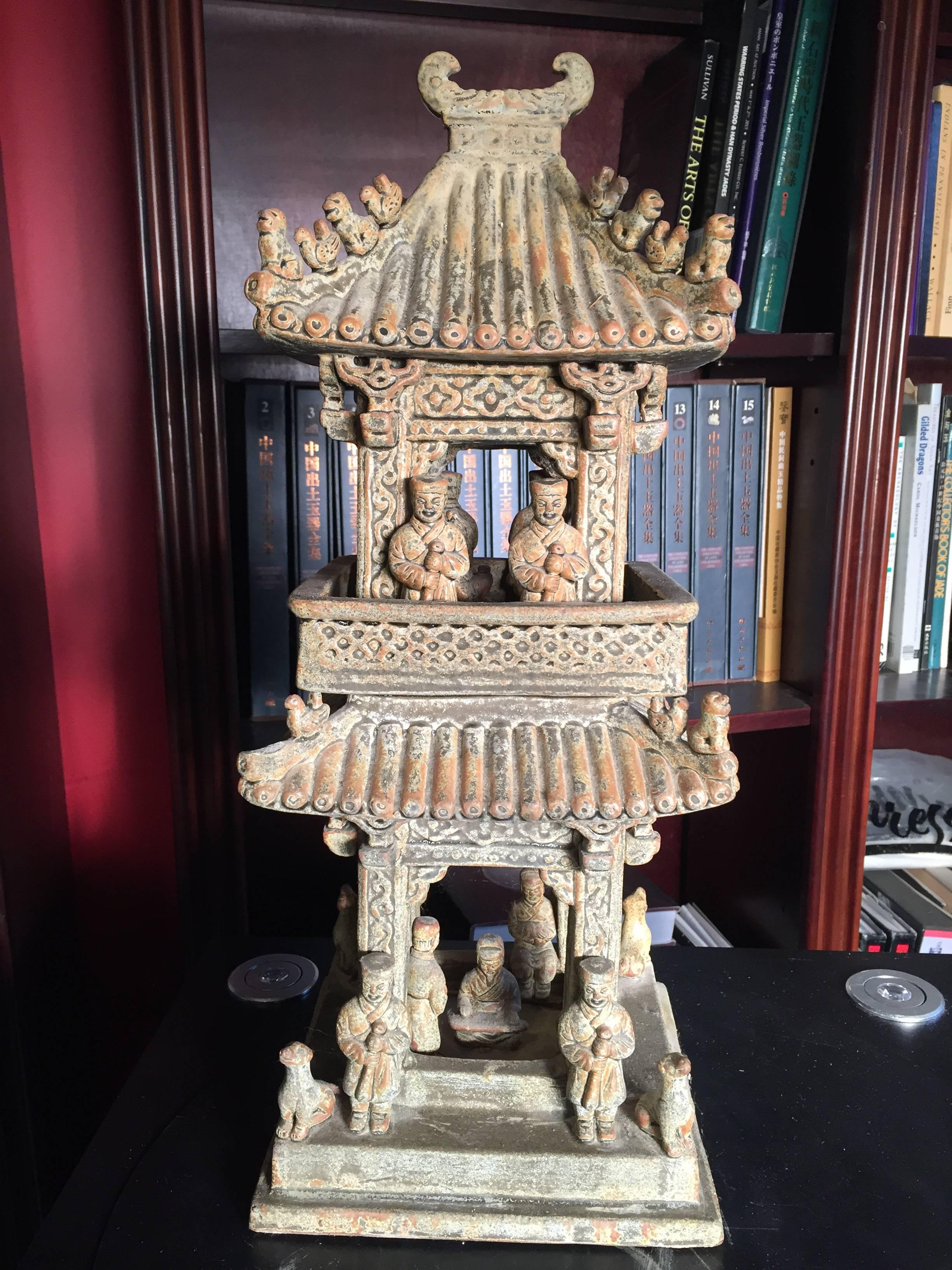 Chinese Monumental China Green Glazed Han Village Watch Tower Sculpture