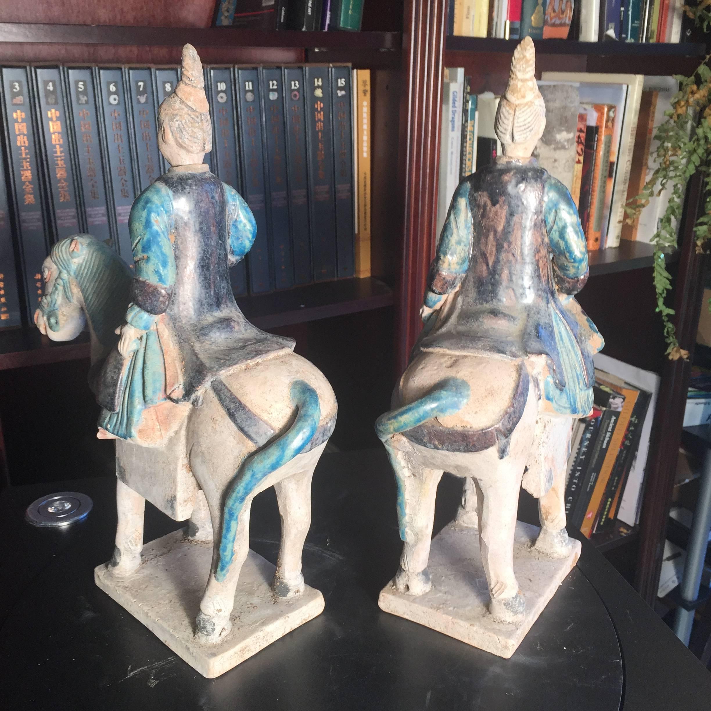 Ceramic Ancient Imperial China Ming Pair Scarce Blue Female Equestrian Horse Riders, 1500