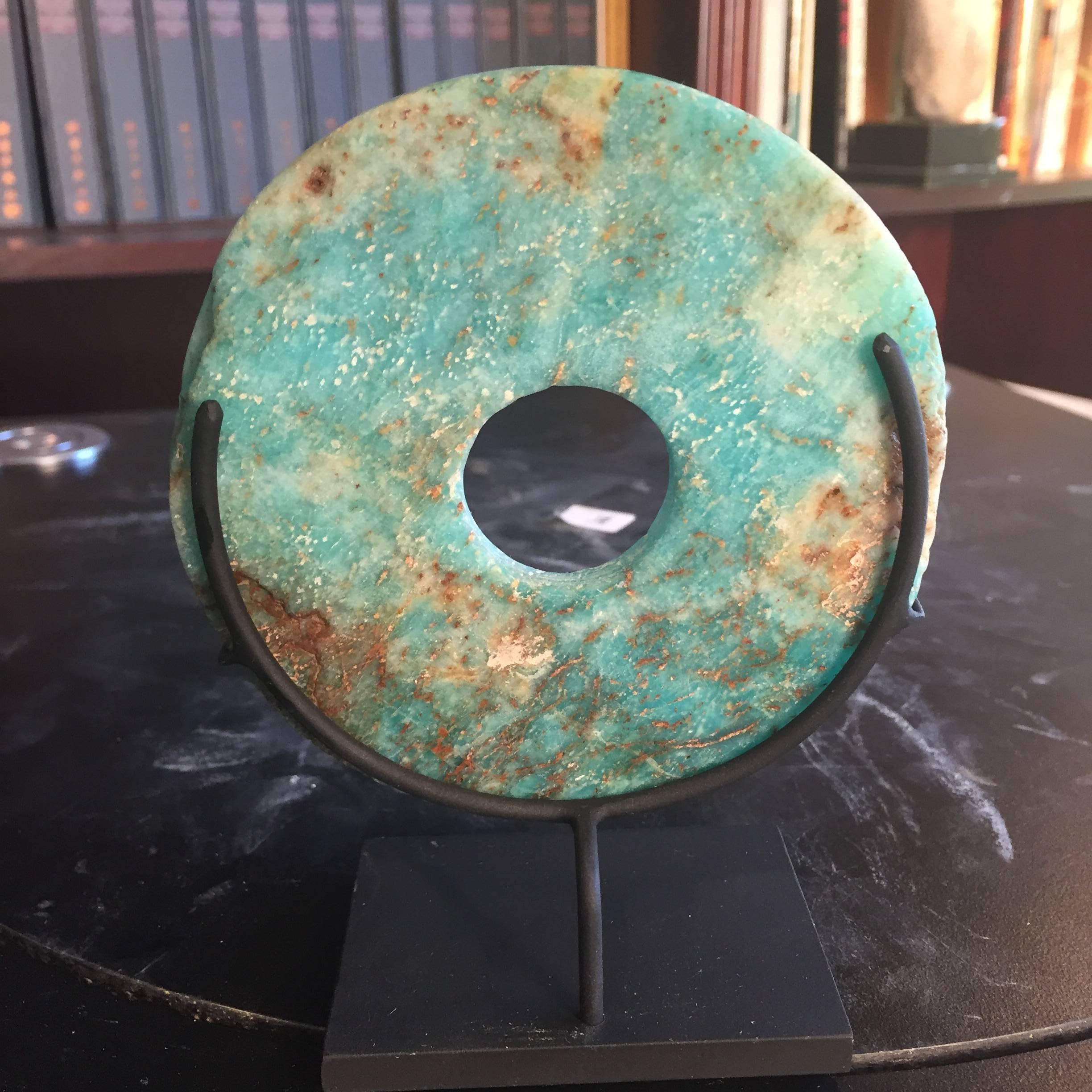 Stone China Ancient Hand-Carved Blue Bi Disc from Qijia Culture, 2000 BC