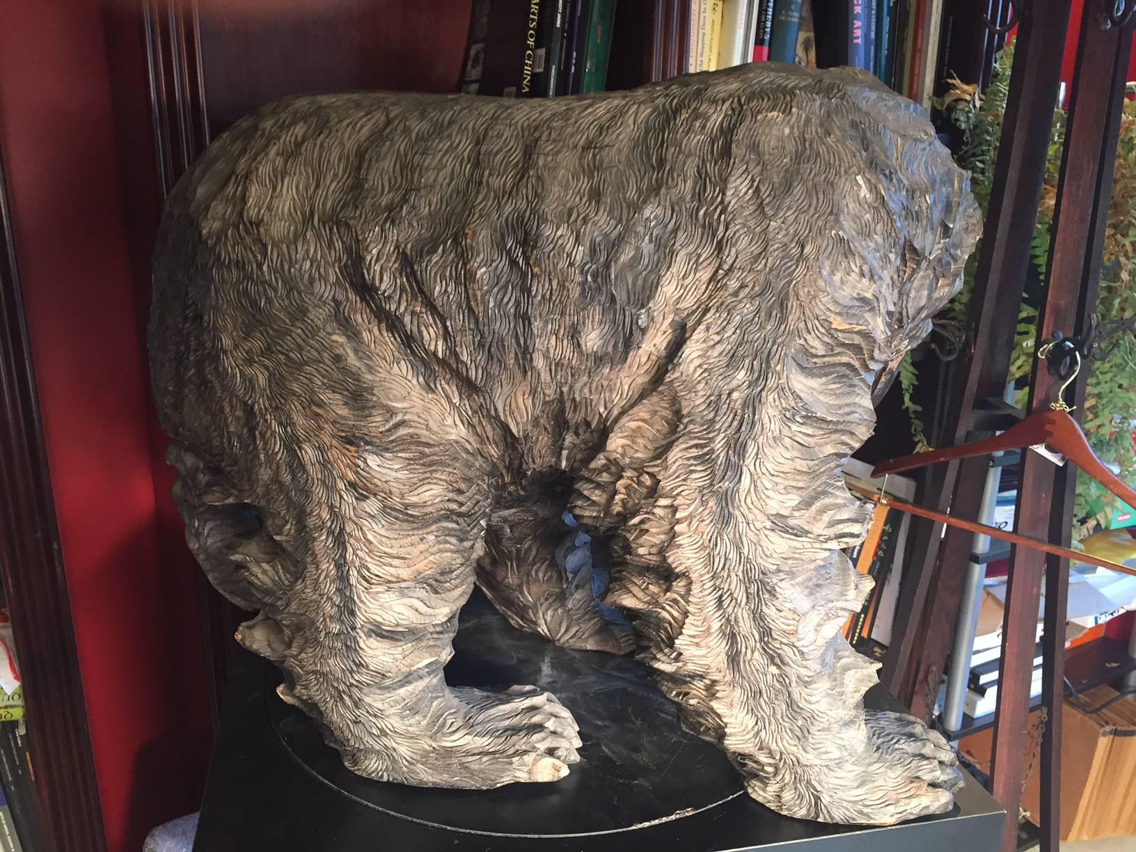 Showa Japanese Huge Hand-Carved Wooden Bear with Salmon,  Ainu People