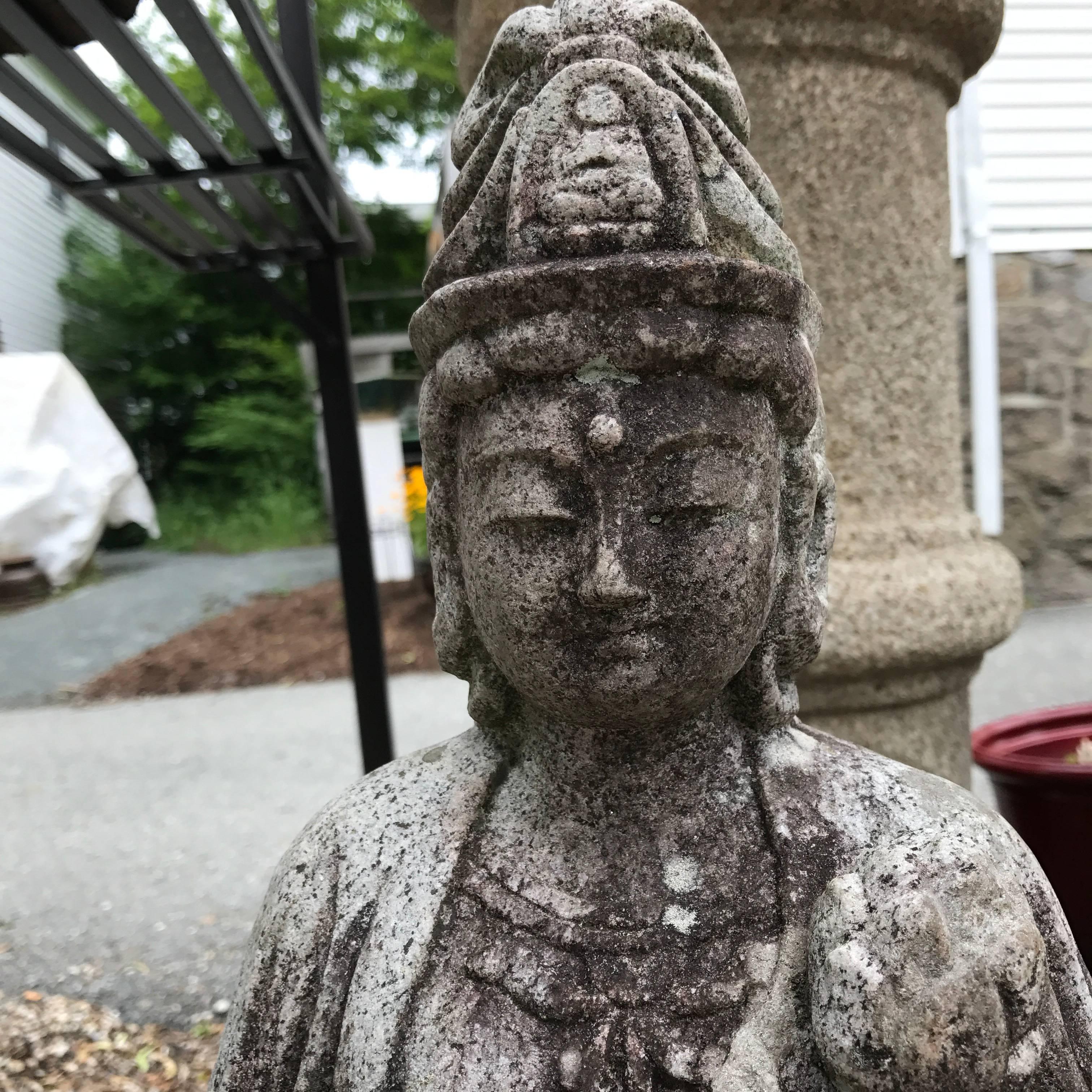 Hand-Carved Japanese Stone Kannon Guan yin Pleasant Face
