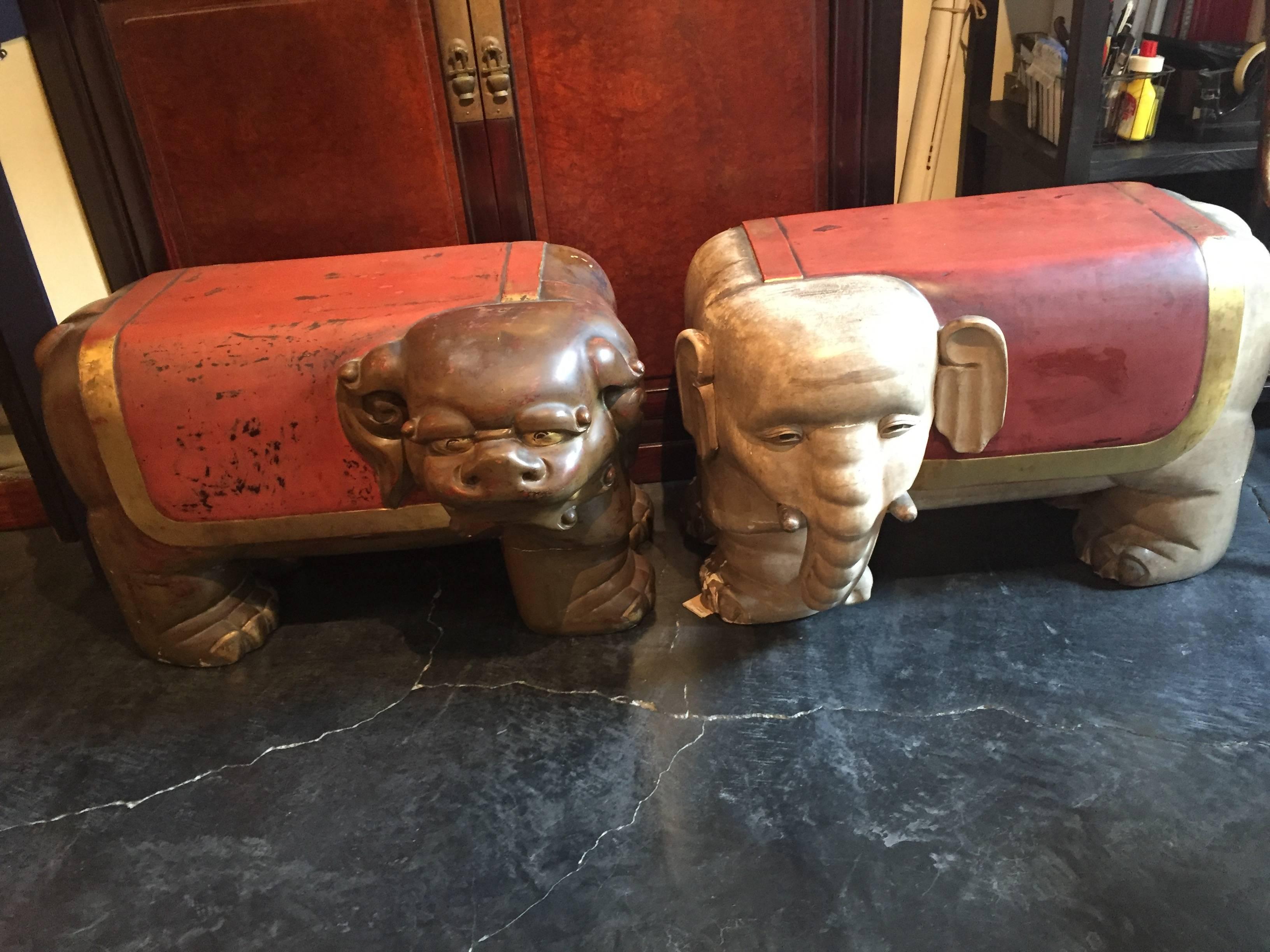 Here's a wonderful find from our most recent acquisitions trip to Japan.

We were fortunate and  excited to find this Art Deco period  pair (2) matching hand-carved, hand lacquered red and gilt embellished temple wooden benches. The white elephant