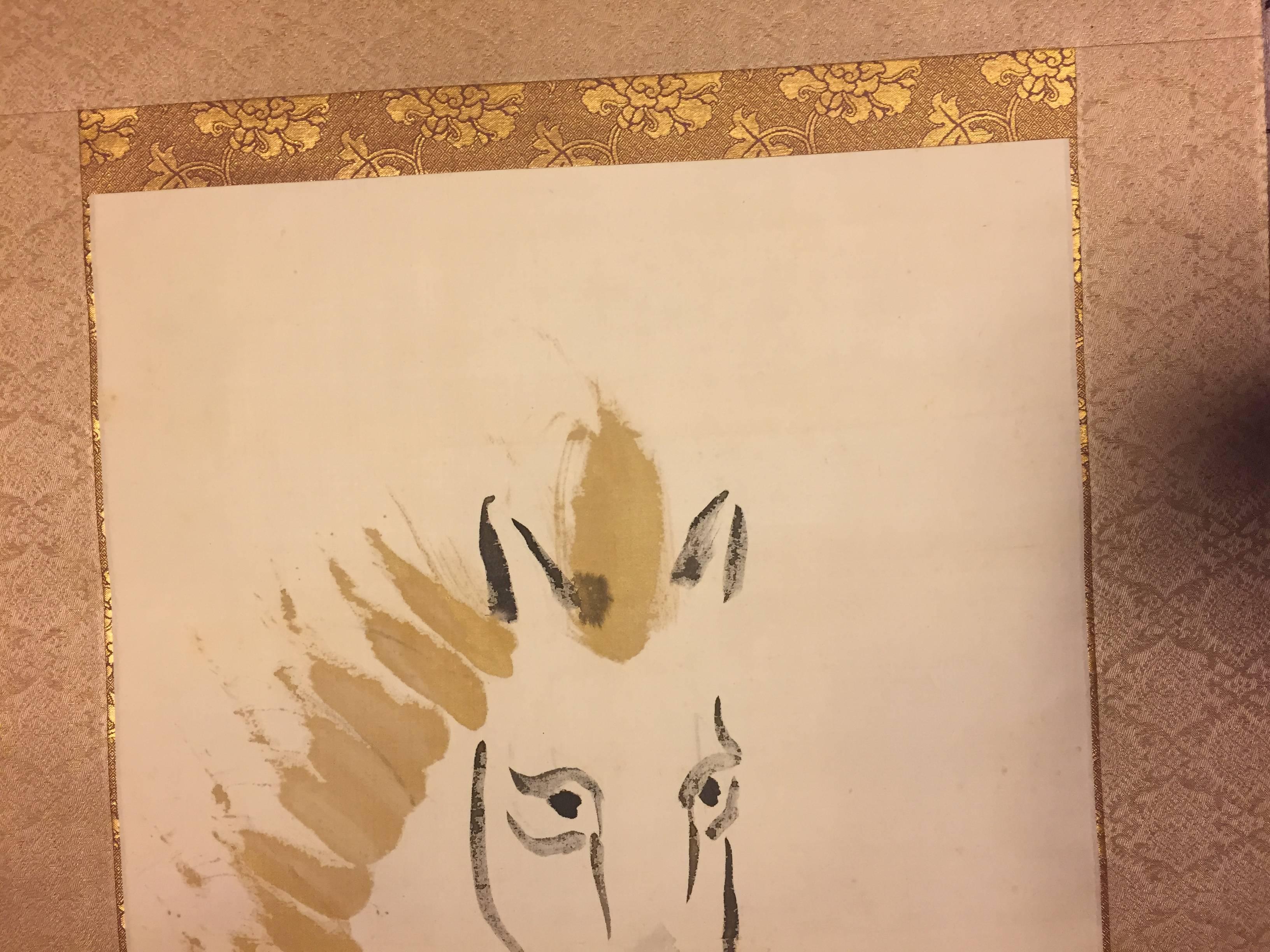 Hand-Painted Japan Important Horse Uma Scroll Silk Painting Keisen Tomita Taisho Original Box