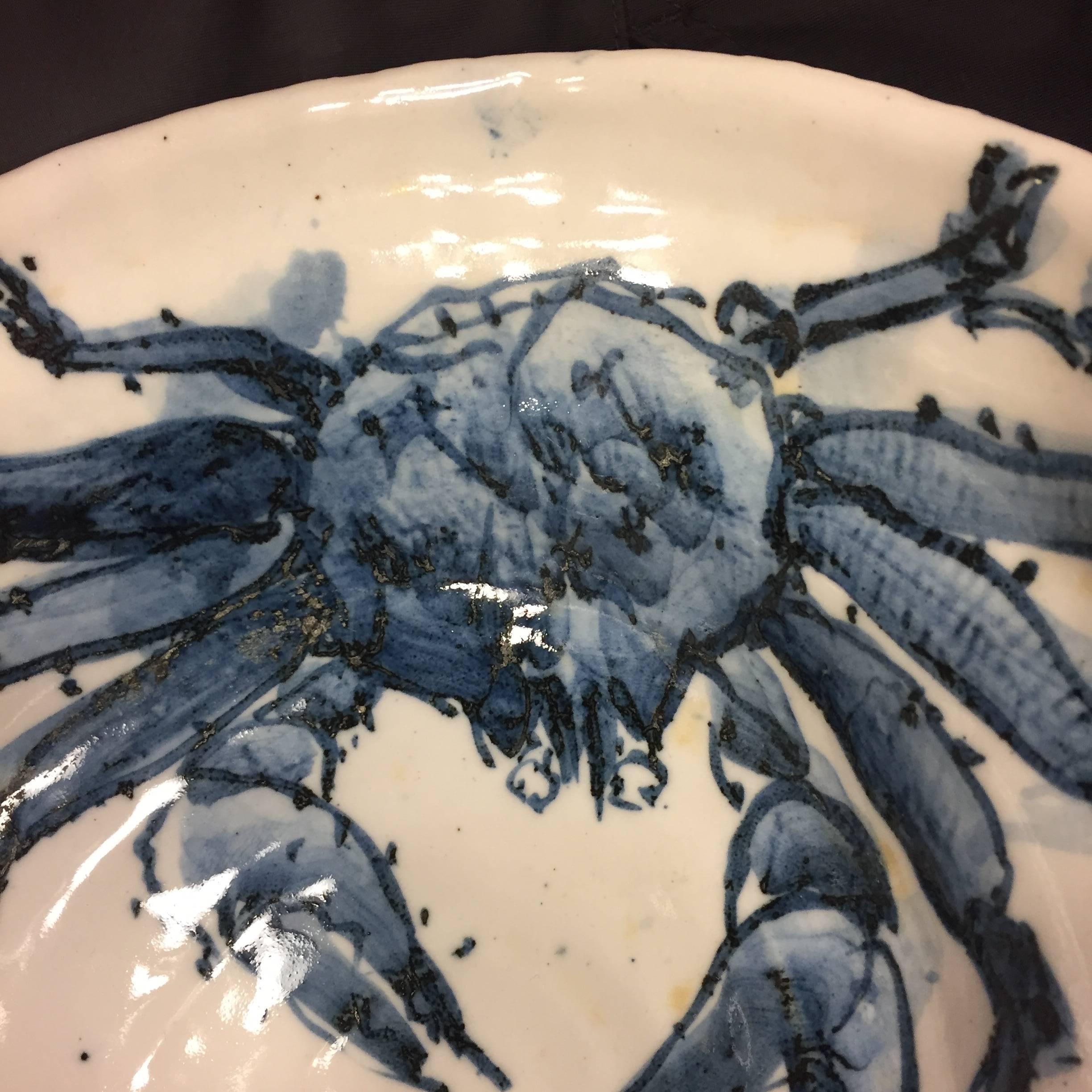 Mid-Century Modern Important Japanese Hand-Painted Blue and White Crab Bowl Signed Kusube Yaichi