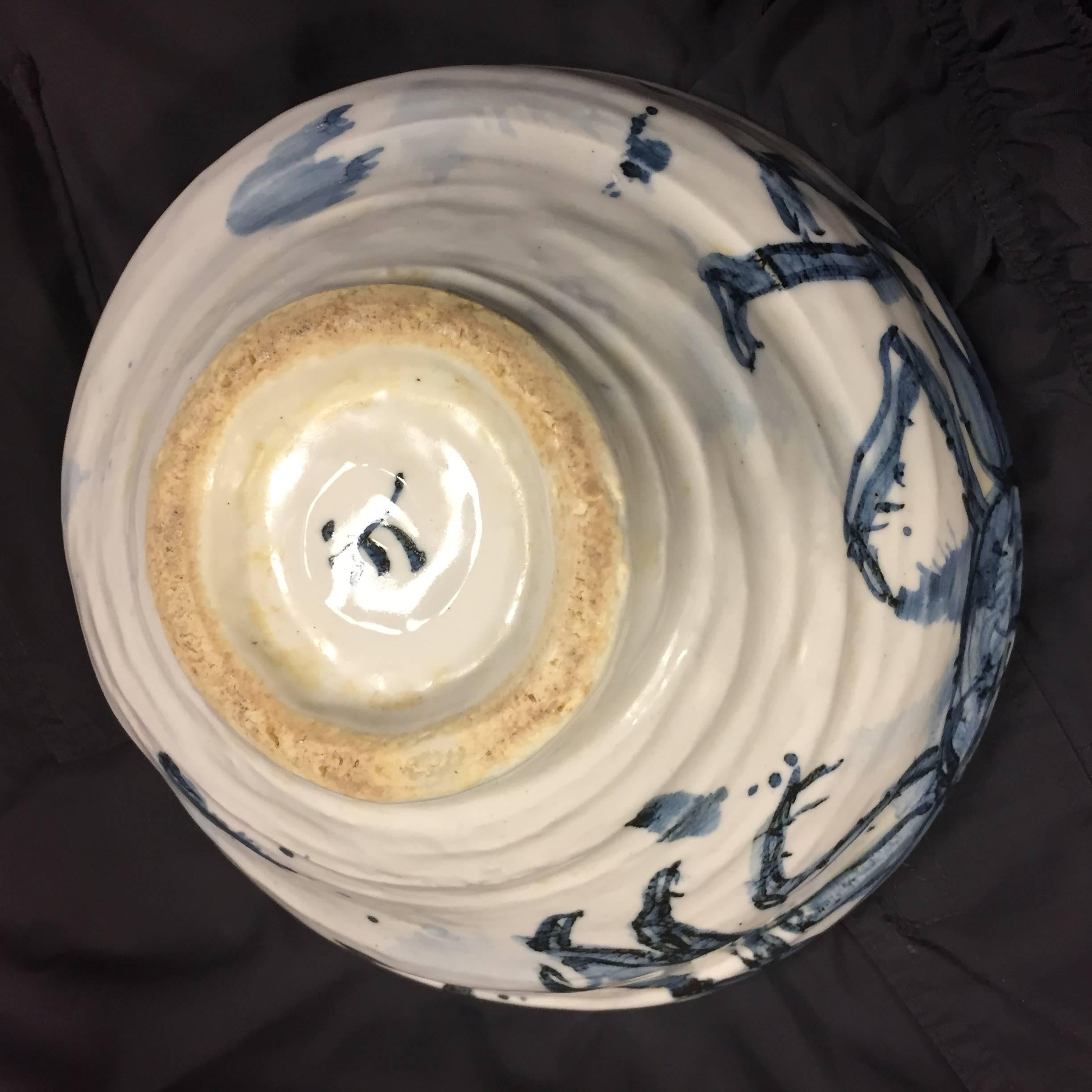 Glazed Important Japanese Hand-Painted Blue and White Crab Bowl Signed Kusube Yaichi