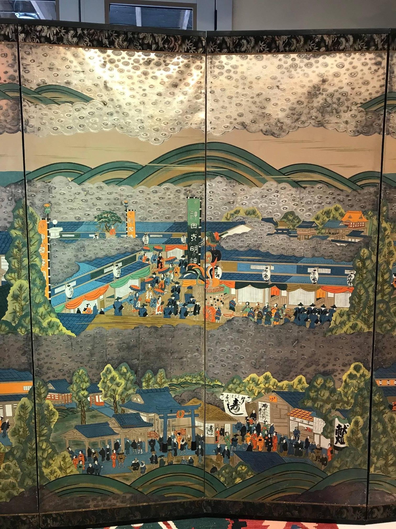 Japan Brilliant Six-Panel Screen Nara Matsuri Summer Festival Ink and Gold 2