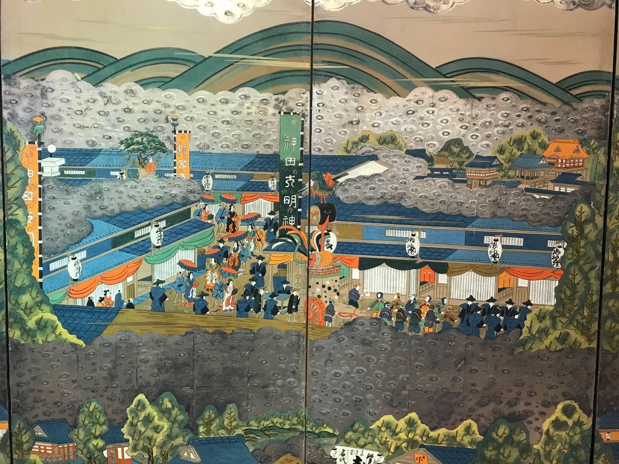 Japanese Japan Brilliant Six-Panel Screen Nara Matsuri Summer Festival Ink and Gold