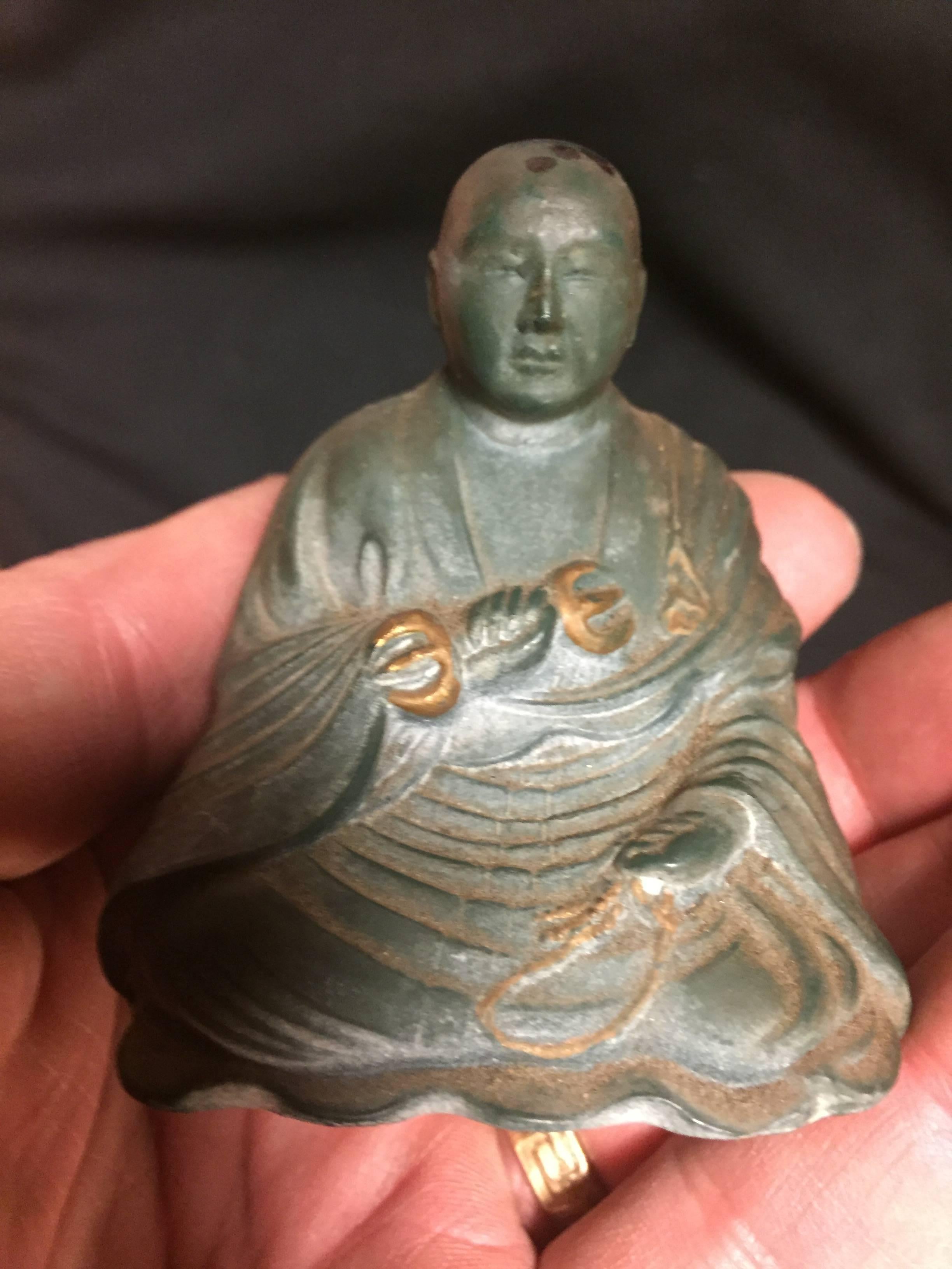 Old Japanese Bronze Kobo Daishi on Chair True Word School Buddhism In Good Condition In South Burlington, VT