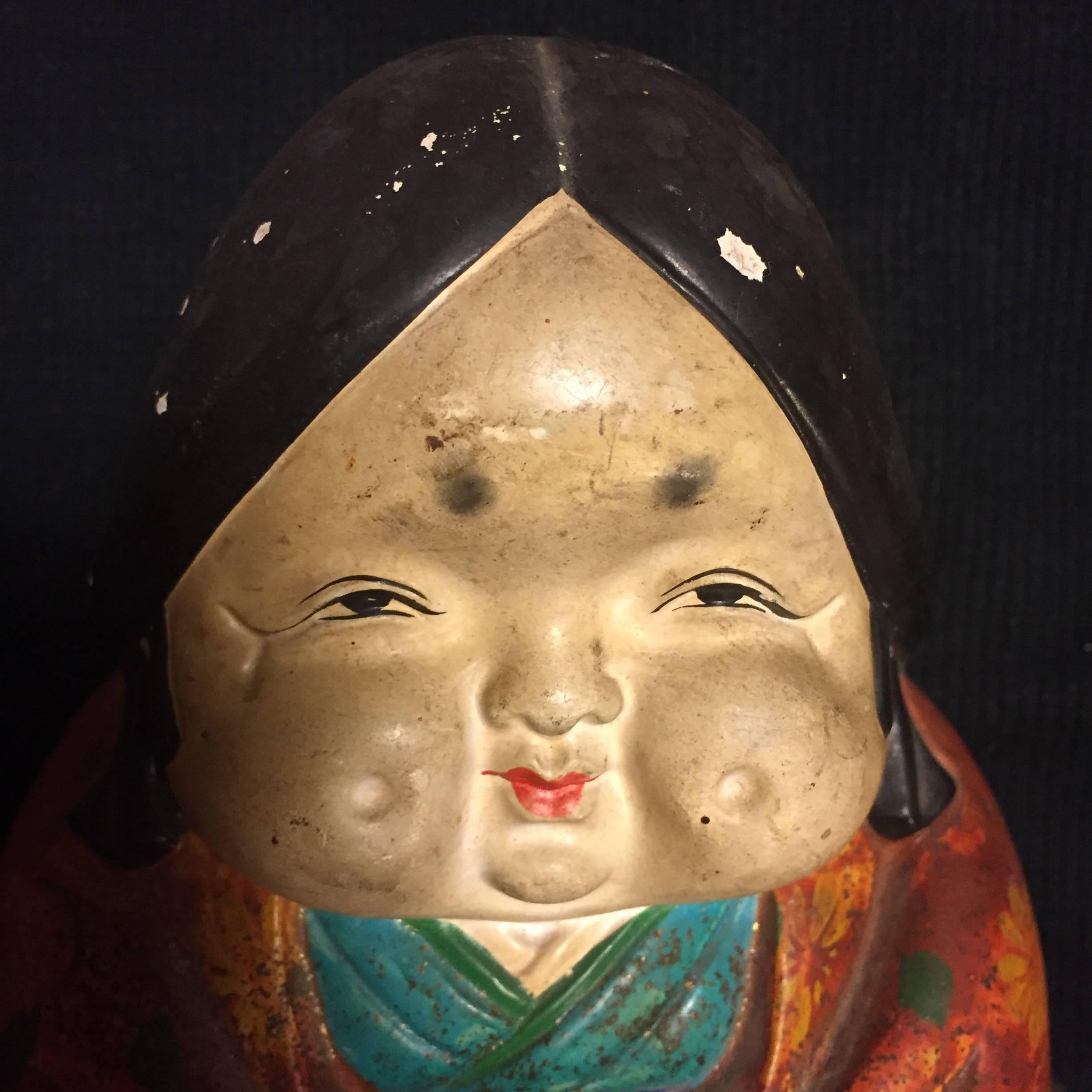 Japanese Ceramic Doll Okame, Hand-Painted Gem from Early 20th Century 1
