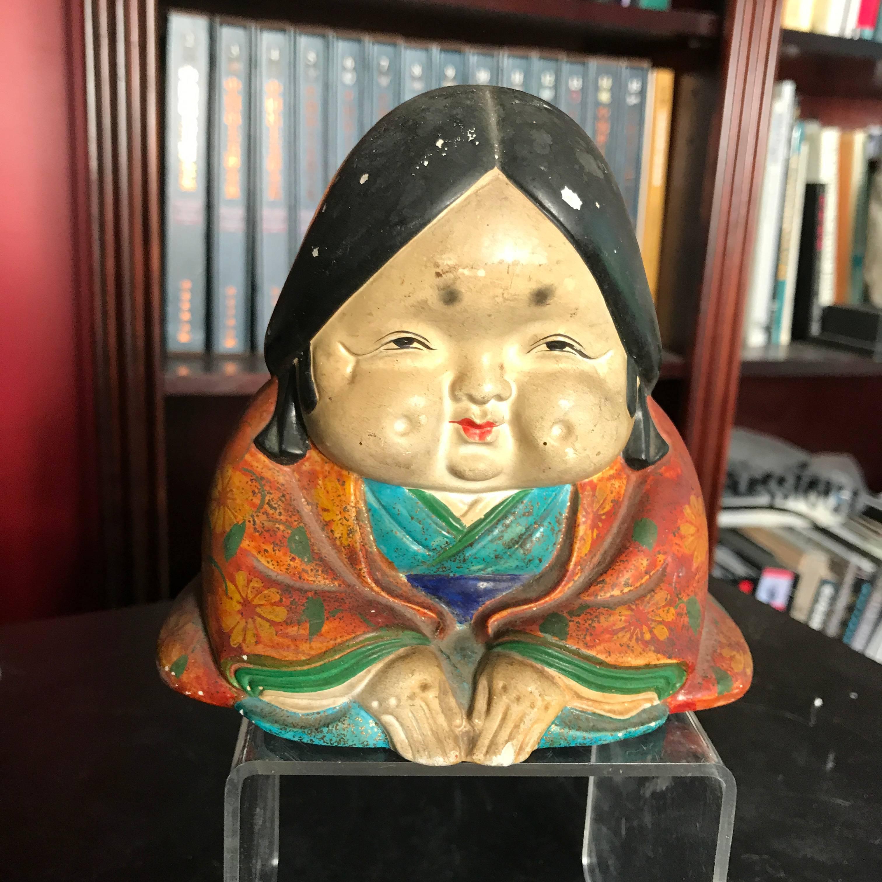 Hand-Crafted Japanese Ceramic Doll Okame, Hand-Painted Gem from Early 20th Century