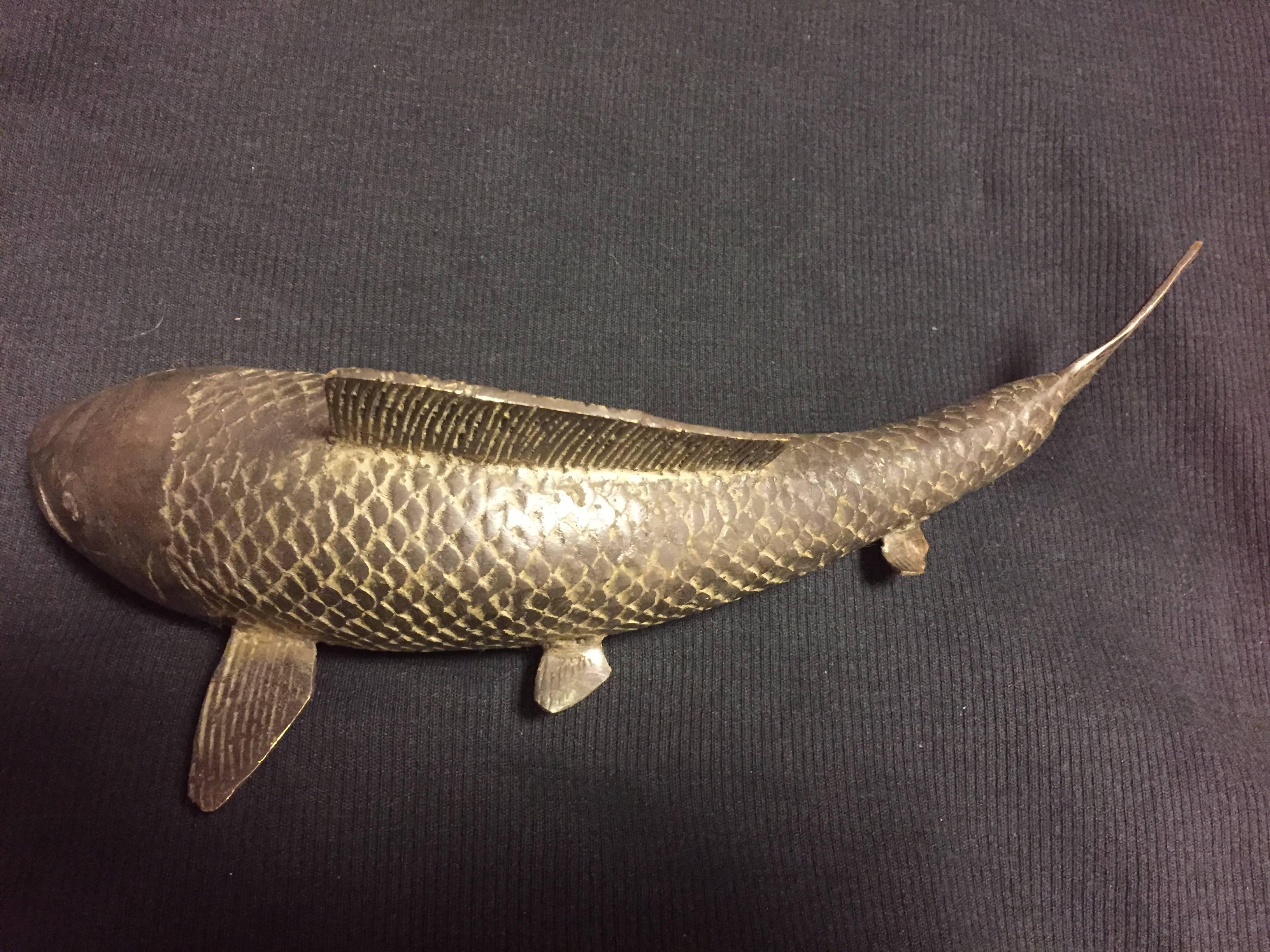 20th Century Old Japan Large Hand Cast Bronze Koi Fish Fortune and Prosperity Talisman