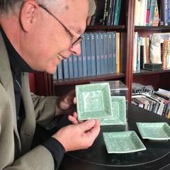 Japanese Antique Set Four Deer Green Celadon Tea Ceremony Plates, 19th Century