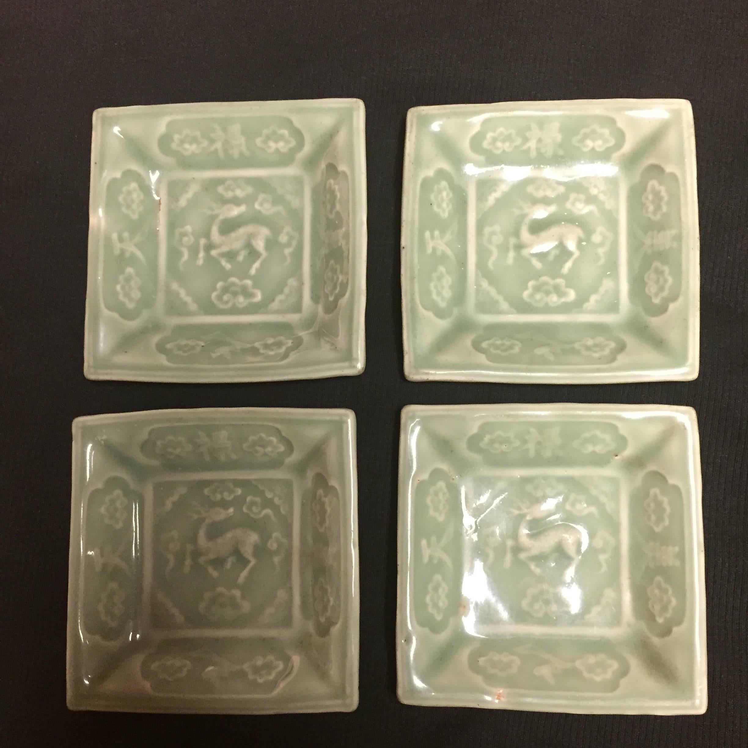 Meiji Japanese Antique Set Four Deer Green Celadon Tea Ceremony Plates, 19th Century