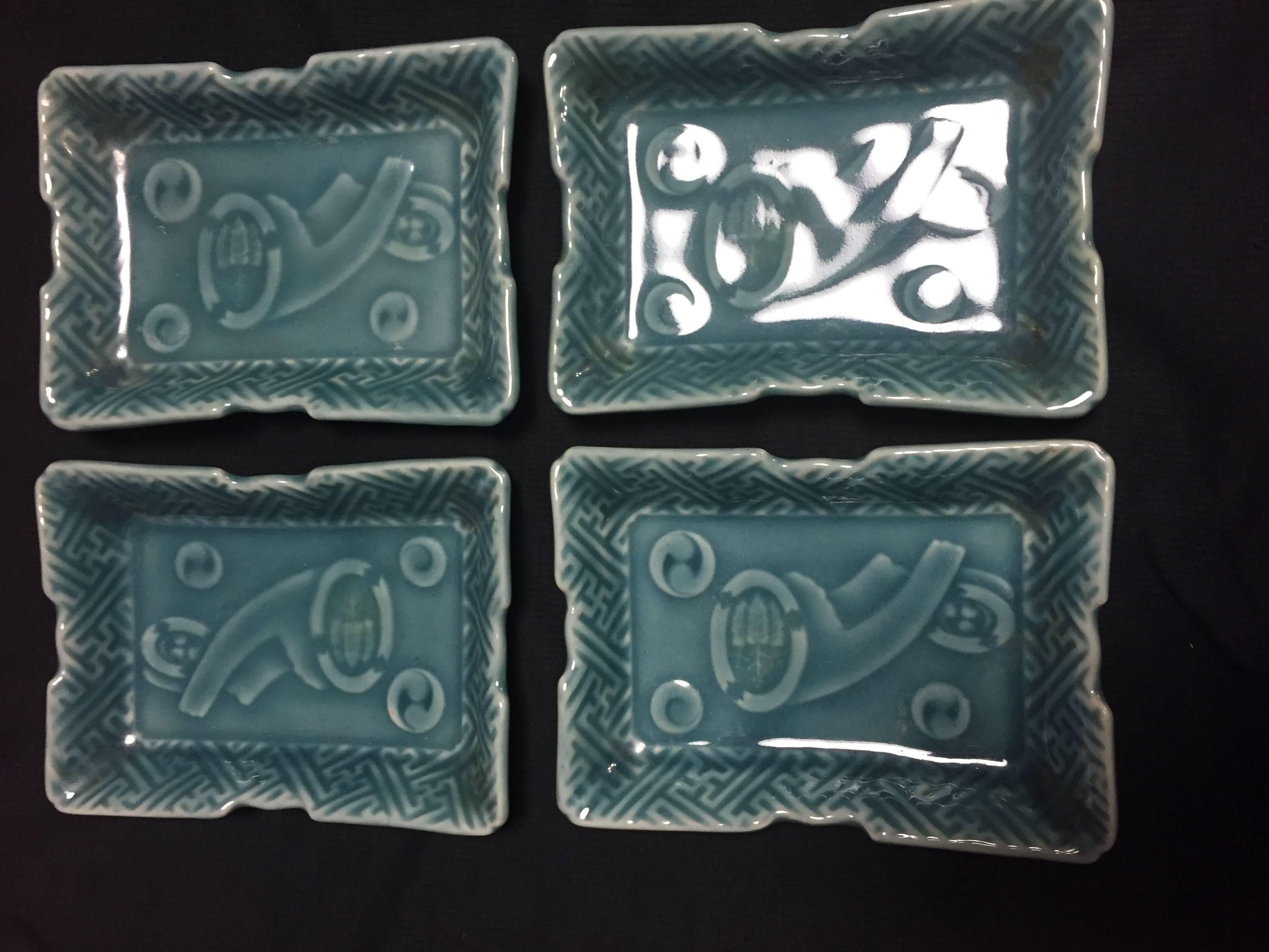 Glazed Japanese Antique Complete Set of Four Celadon Tea Plates, Early 20th Century