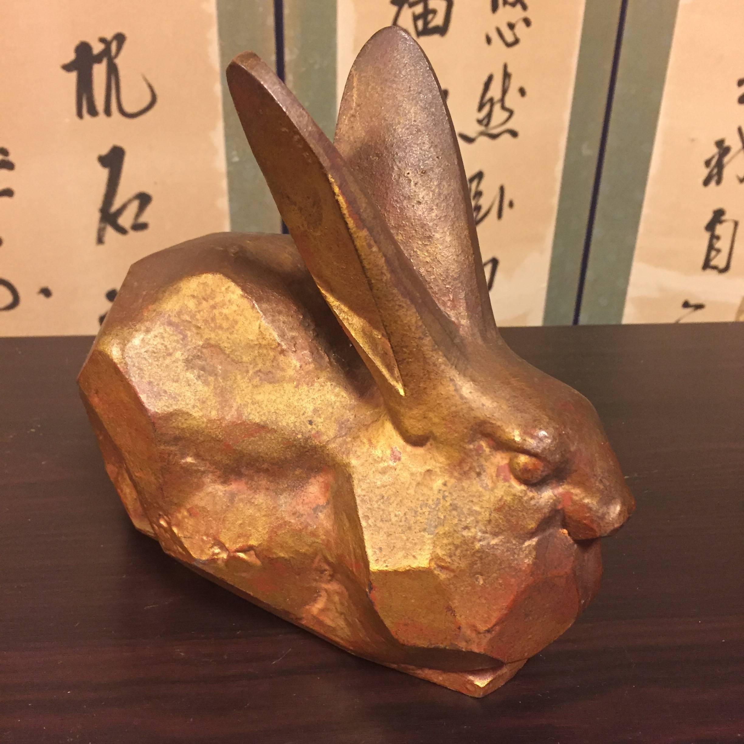 Showa Big Eared Rabbit Solid Cast with Gold Gilt Highlights Perfect Indoor Outdoor