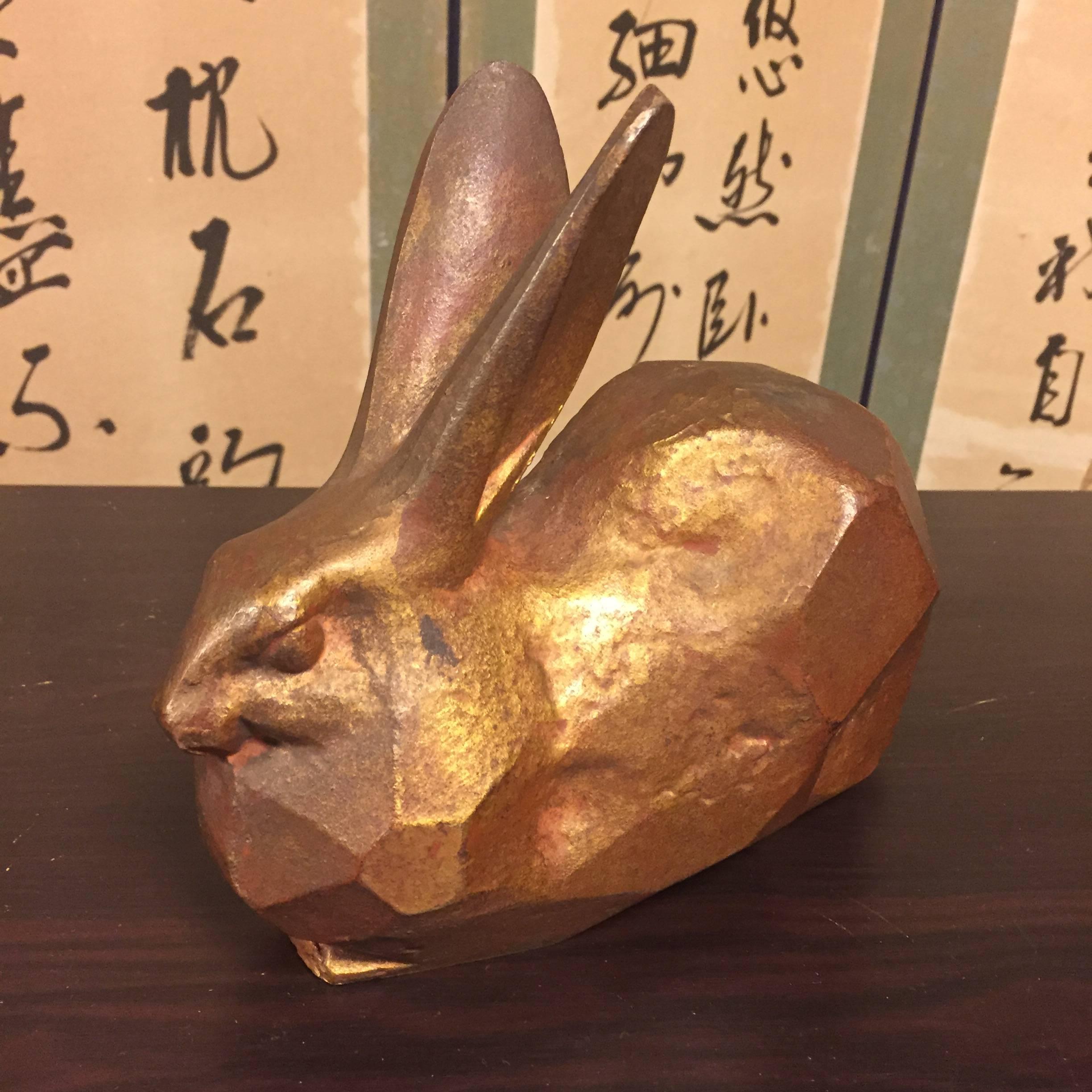 Japanese Big Eared Rabbit Solid Cast with Gold Gilt Highlights Perfect Indoor Outdoor