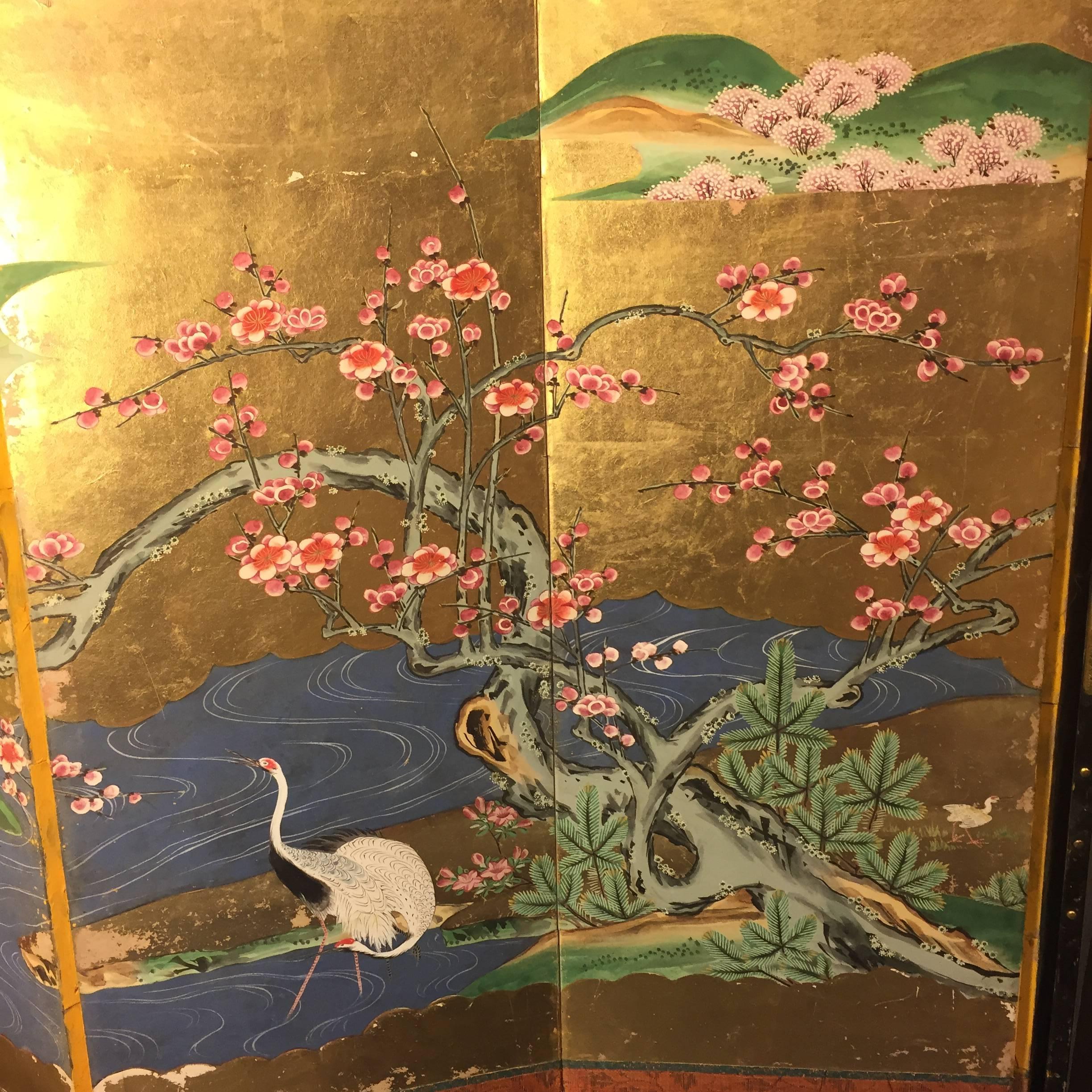 Meiji Japanese Antique Gold Birds and Cherry Trees Hand-Painted Screen