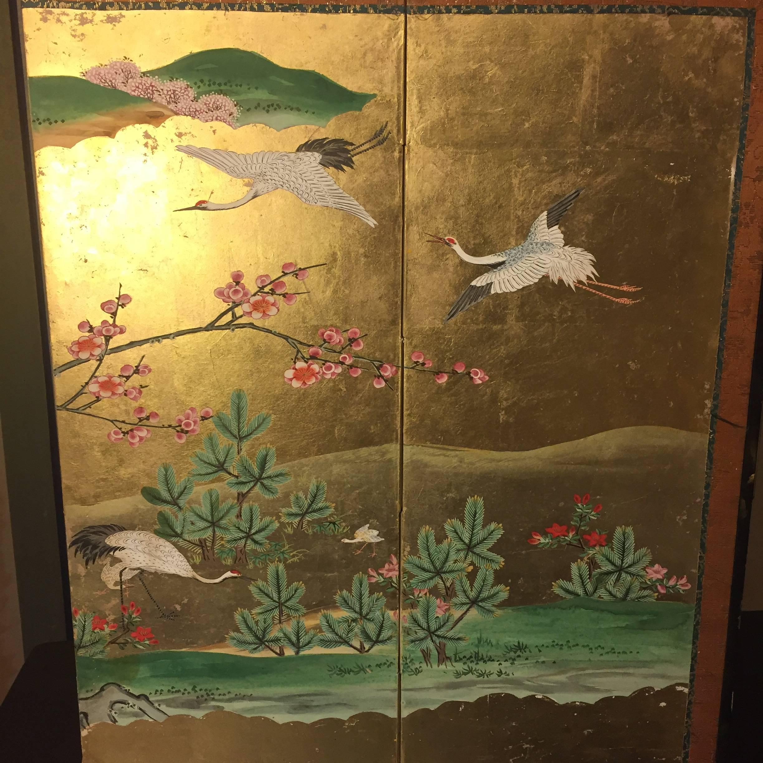 Japanese Antique Gold Birds and Cherry Trees Hand-Painted Screen In Good Condition In South Burlington, VT