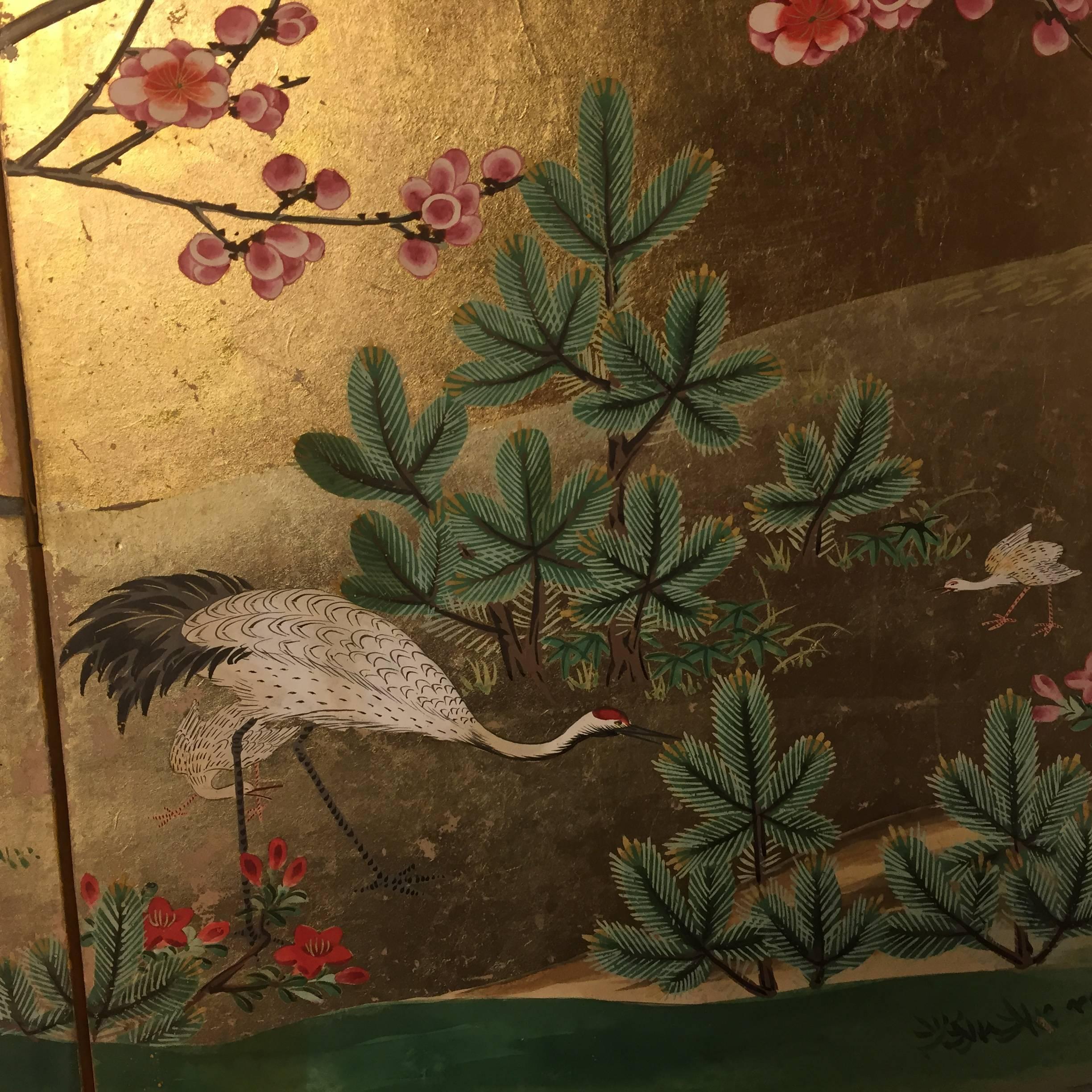Japanese Antique Gold Birds and Cherry Trees Hand-Painted Screen 2
