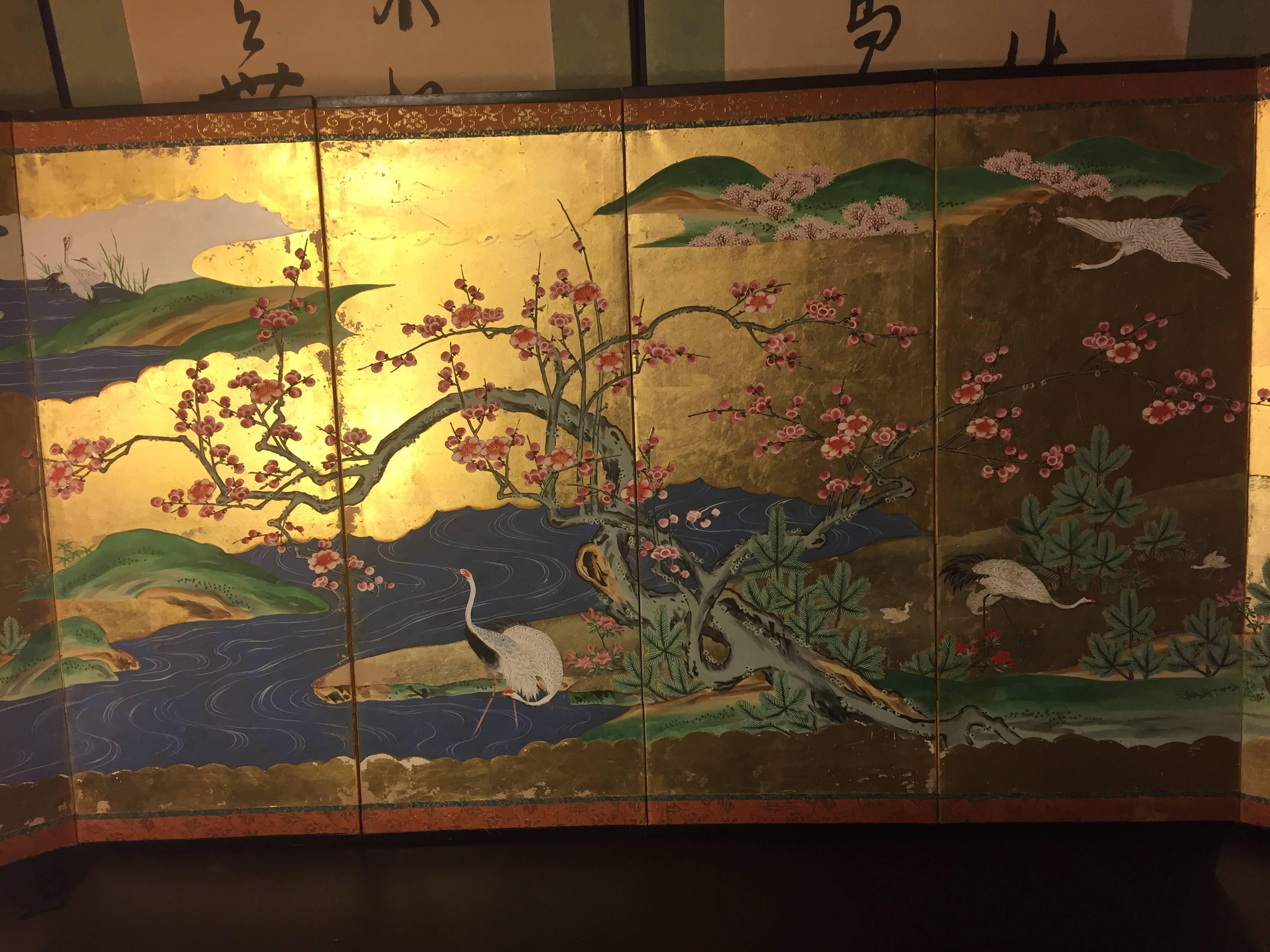 19th Century Japanese Antique Gold Birds and Cherry Trees Hand-Painted Screen