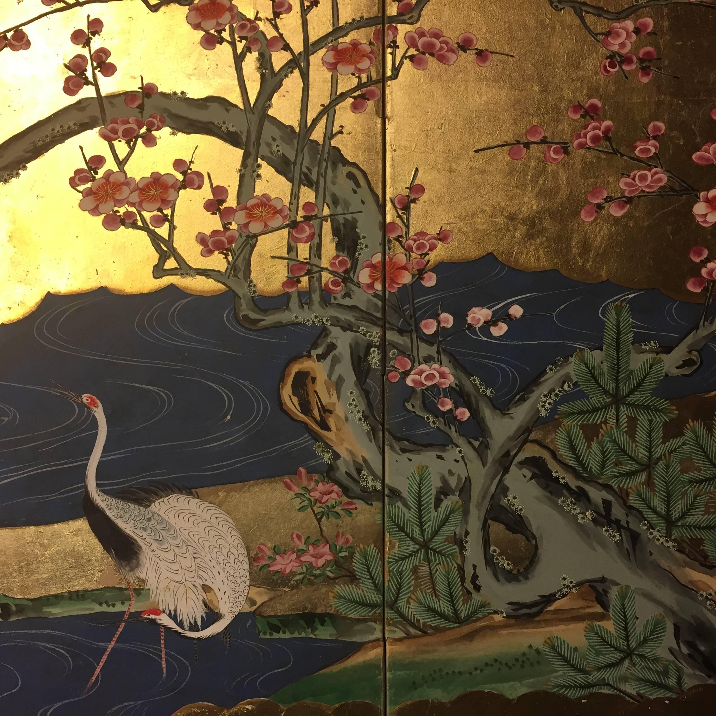 Paper Japanese Antique Gold Birds and Cherry Trees Hand-Painted Screen