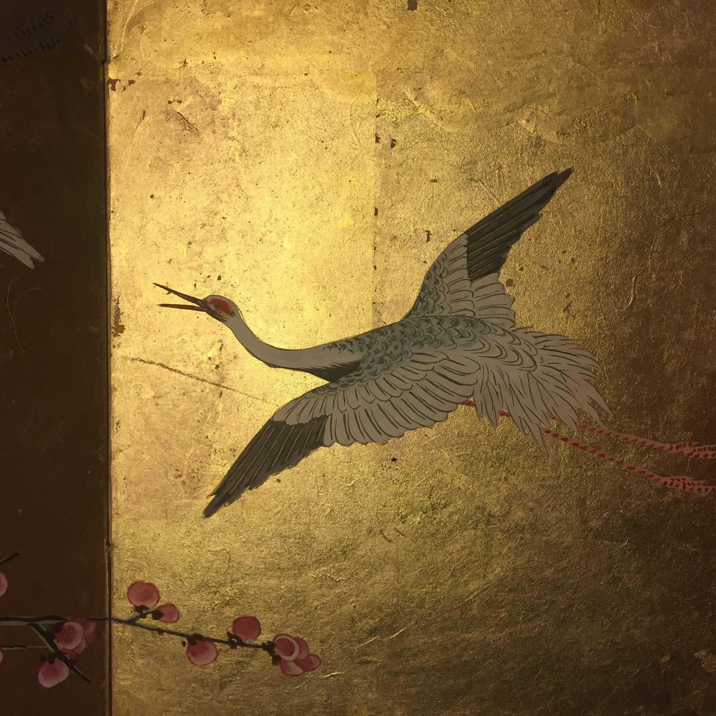 Japanese Antique Gold Birds and Cherry Trees Hand-Painted Screen 1