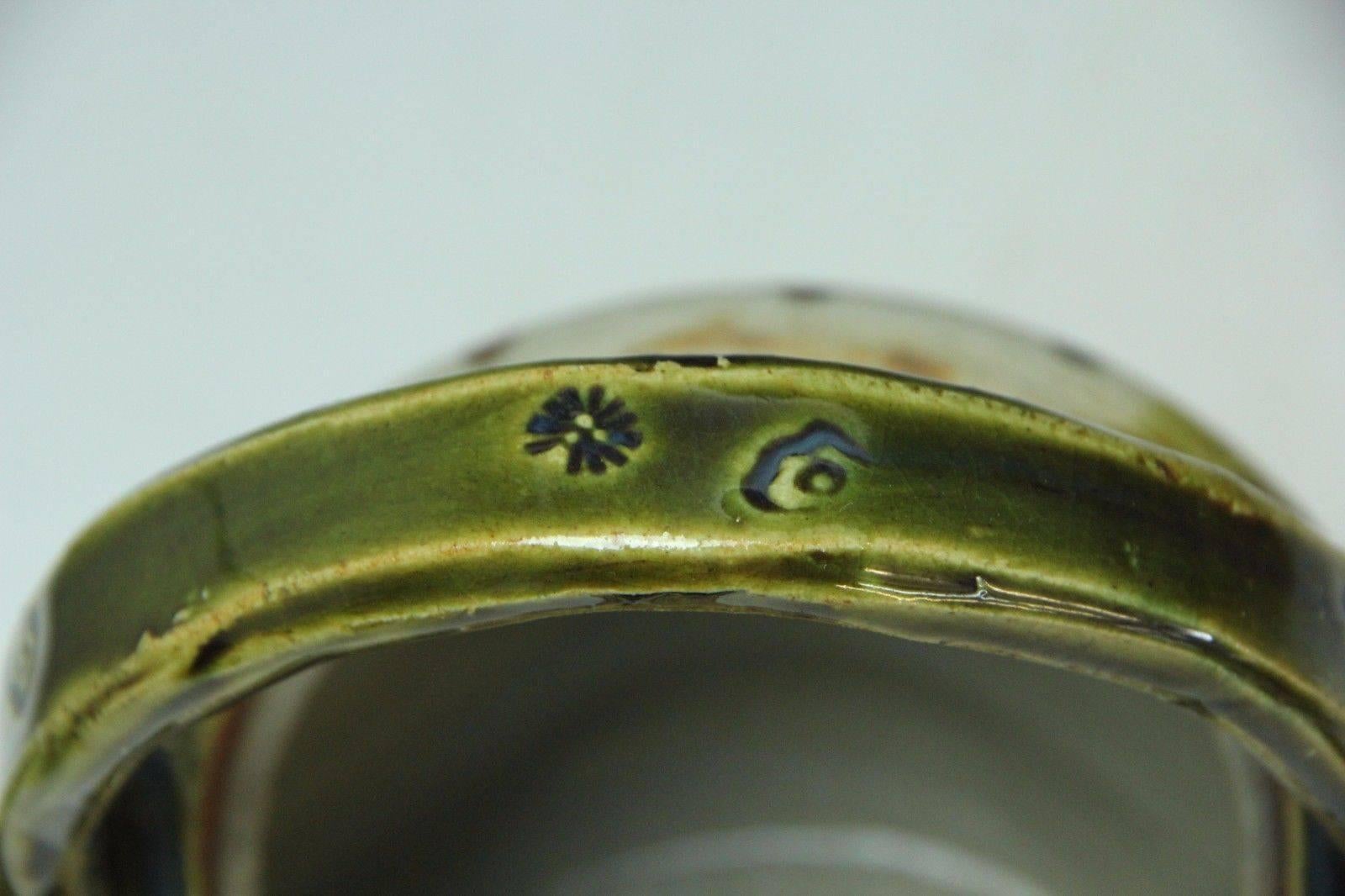 Japan Antique Oribe Flower Water Vessel Tea Pot Fine Glazes Signed, Mint & Boxed 1