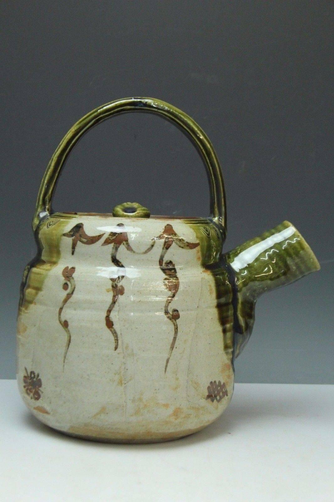Glazed Japan Antique Oribe Flower Water Vessel Tea Pot Fine Glazes Signed, Mint & Boxed