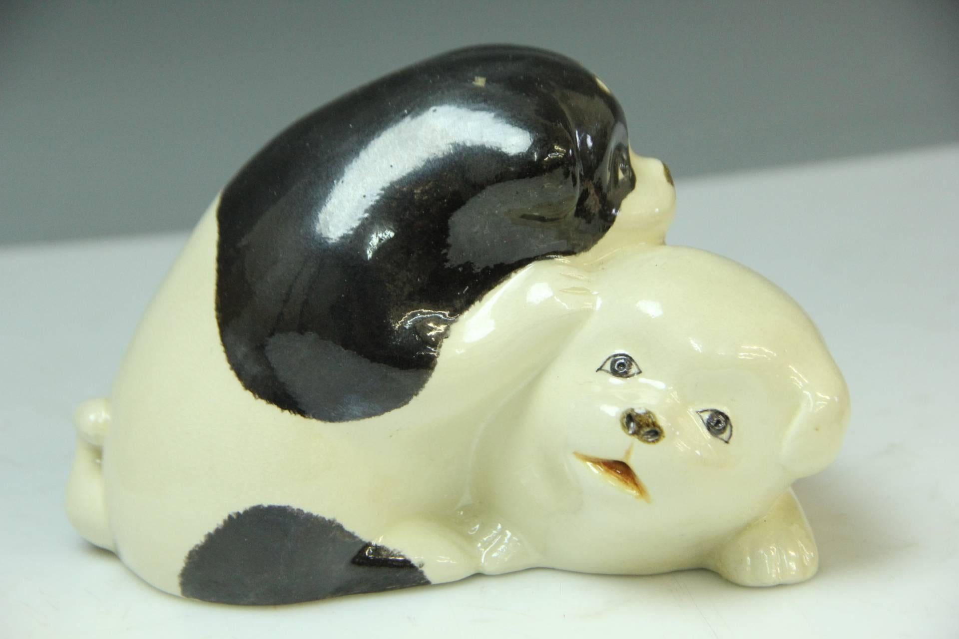 Glazed Japan Playful Puppy Dogs Hand Painted Vintage Sculpture  Signed, Mint & Boxed