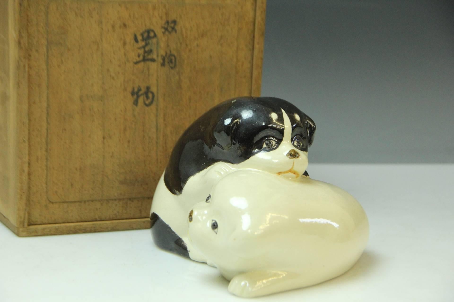 Japan Playful Puppy Dogs Hand Painted Vintage Sculpture  Signed, Mint & Boxed 1