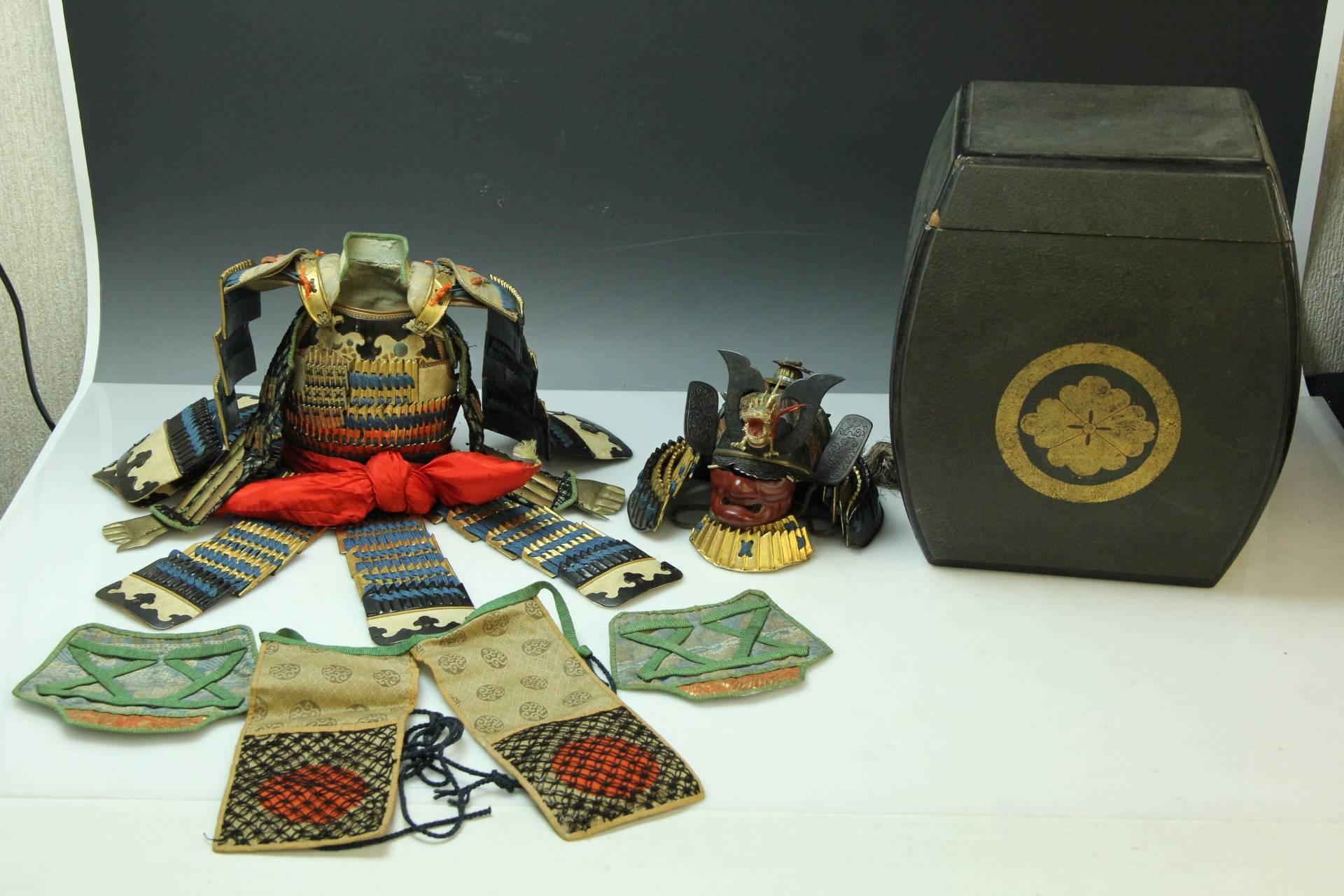 Japanese antique Samurai Children's (Boys Day) festival set, full set with box, circa 1920. 

Made specifically to display during Japan's popular Boys Day festival, this harder to find old antique early 20th century specimen is complete and all