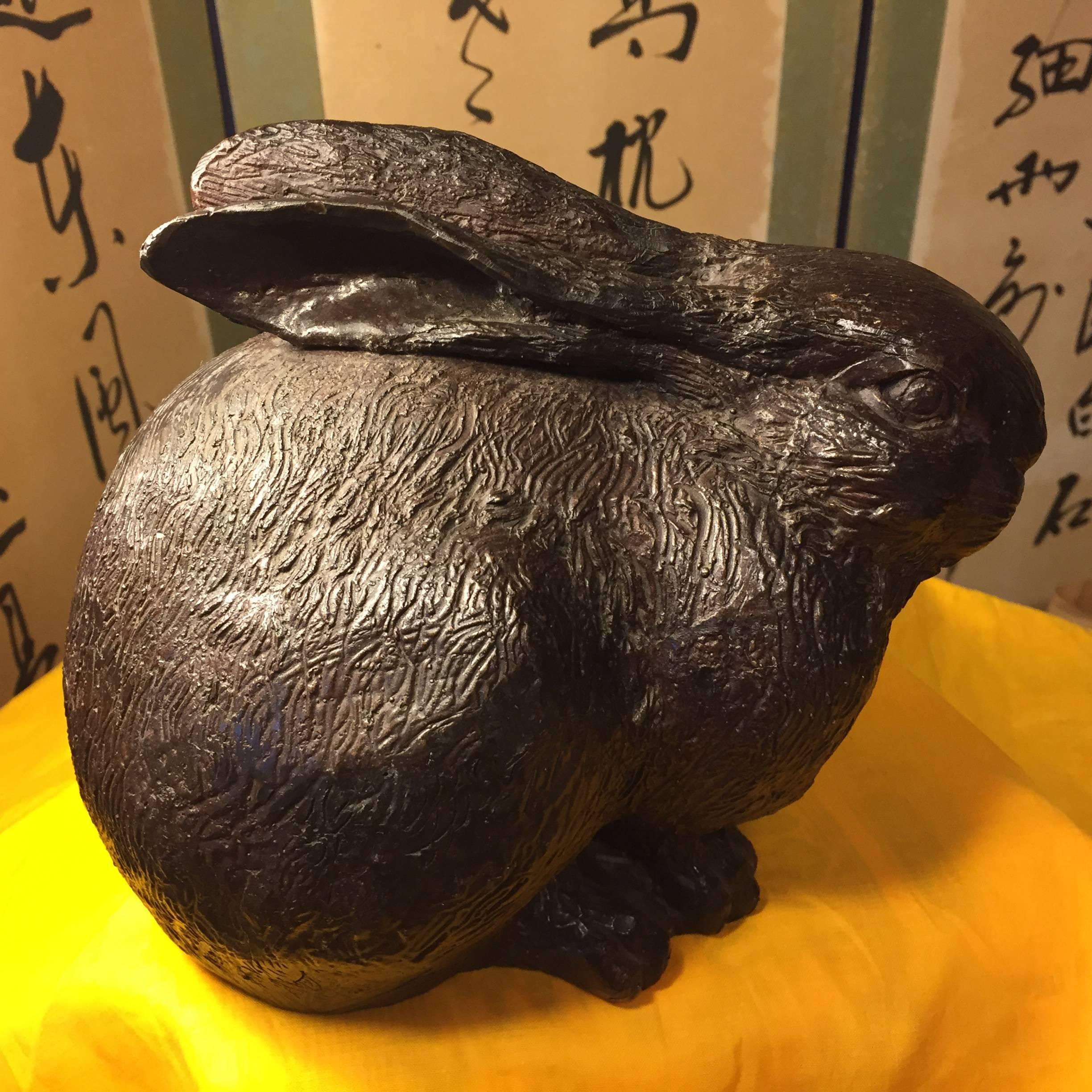 Showa Japan Big Eared RABBIT Antique Garden Bronze with Fine Details