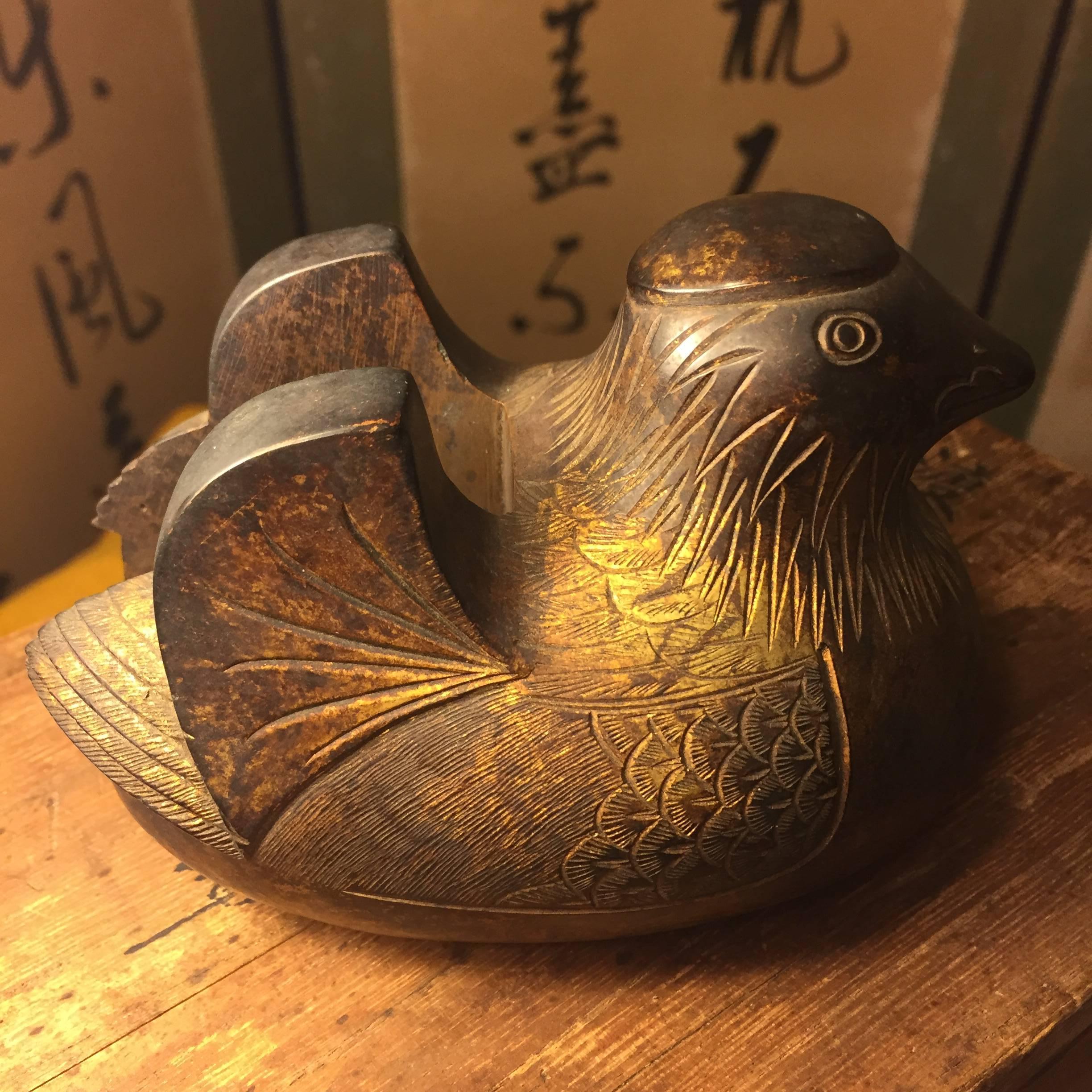 Japan Fine Antique Pair of Gold Gilt Bronze Mandarin Ducks Screen holders, 19thc In Good Condition In South Burlington, VT