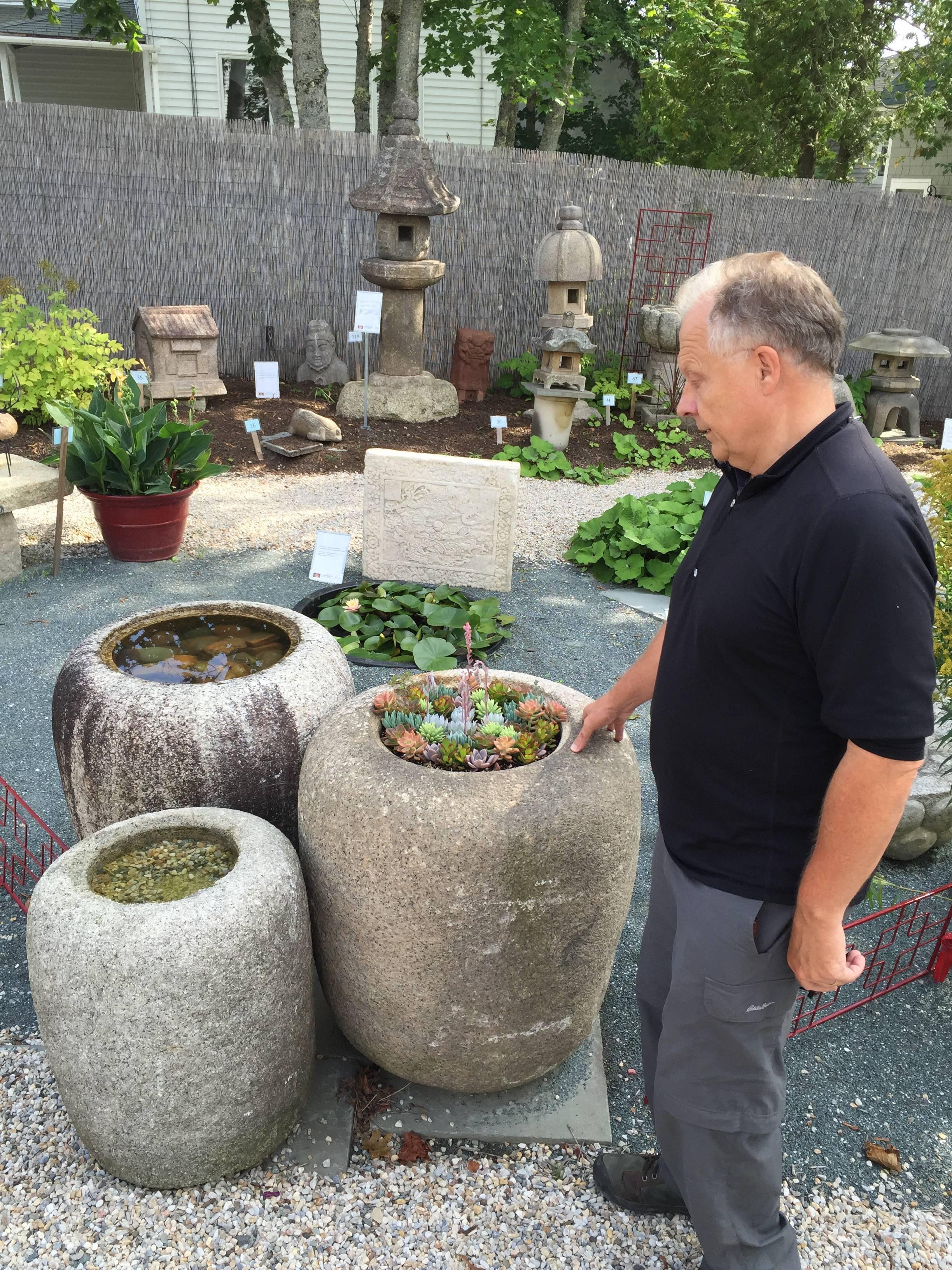 Hand-Carved Fine Japanese Antique Classic Hand carved Stone Garden Planter Water Basin, 29