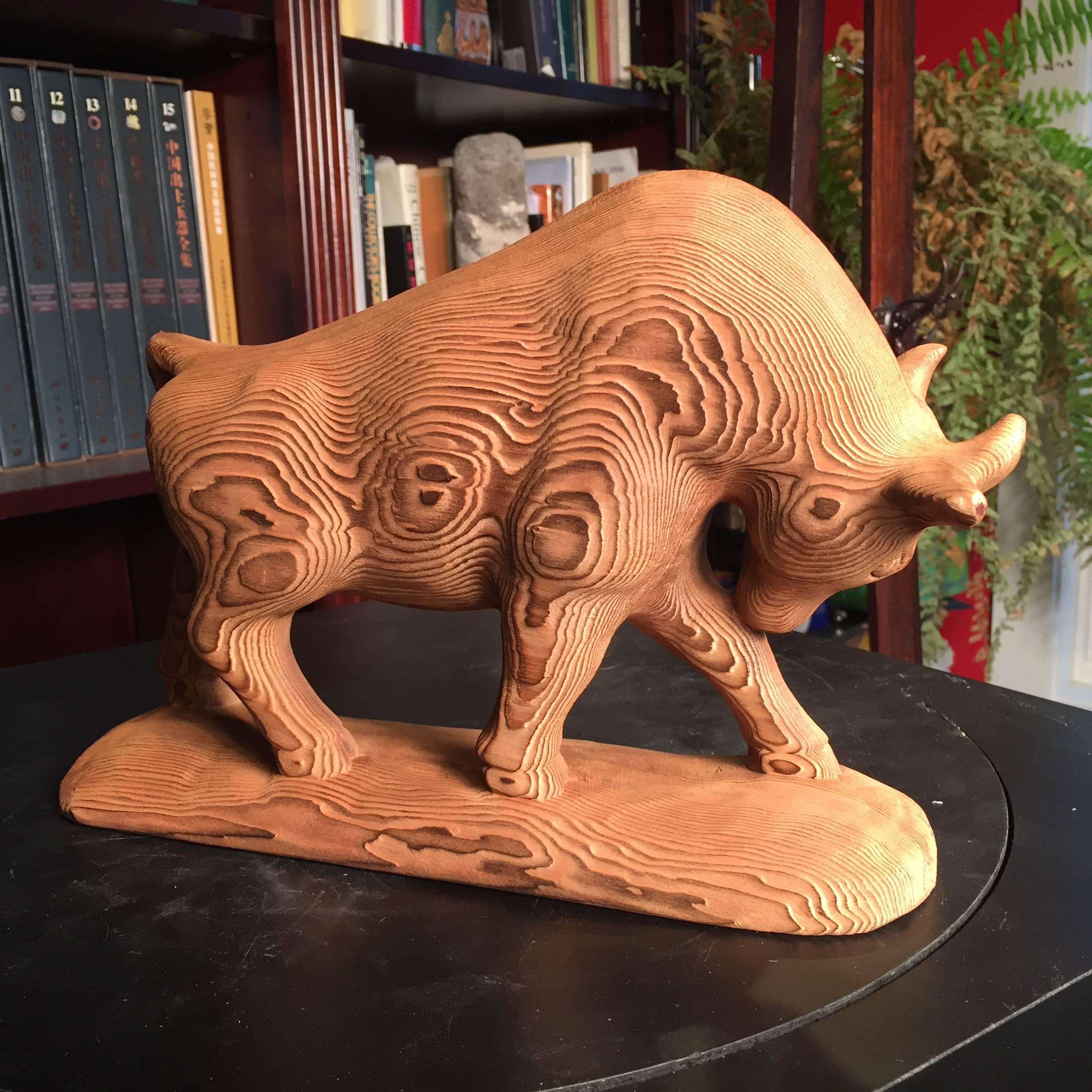 Showa Japan Old Fine Hand-Carved  Bull Bison Gorgeous Grain Signed Mint & Boxed