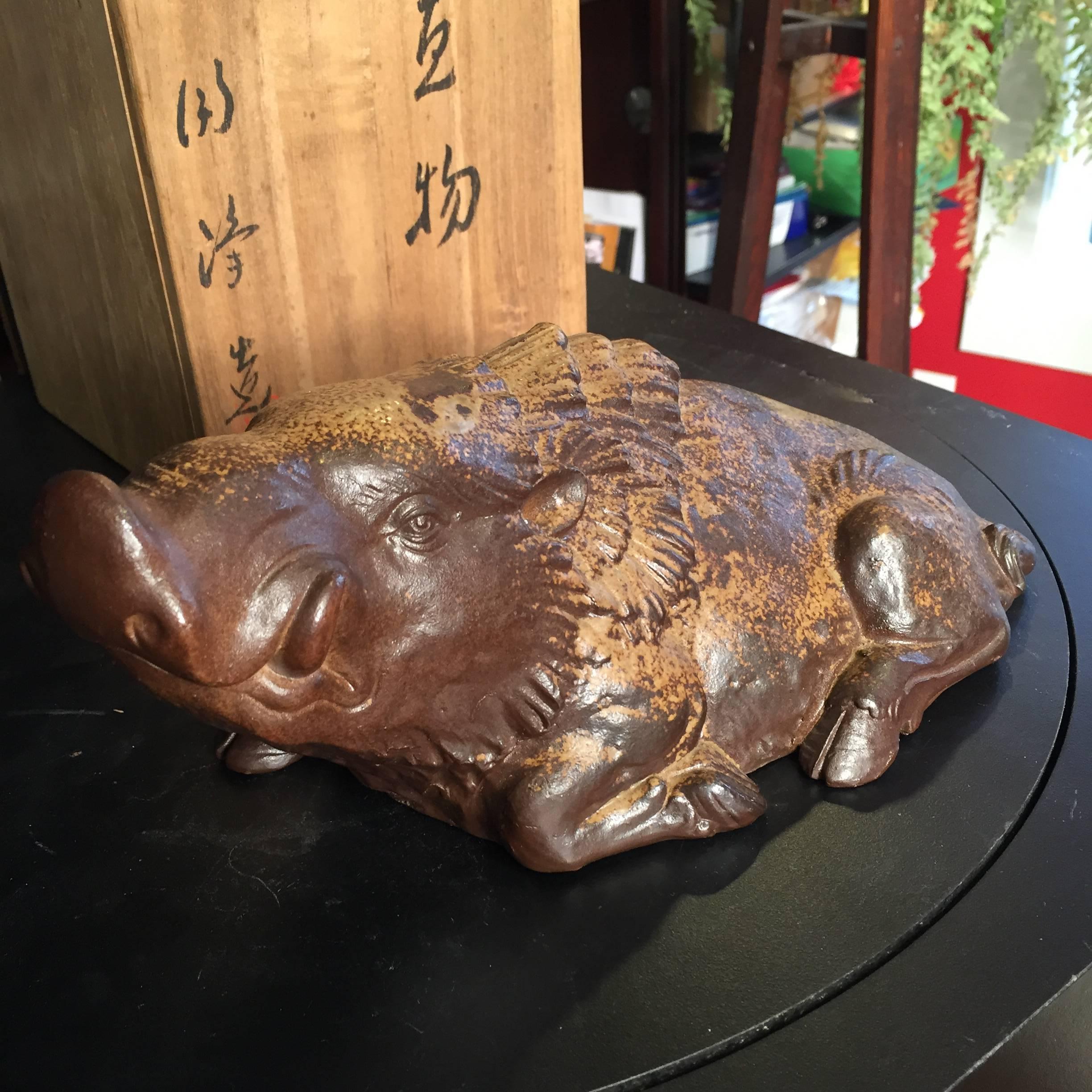 Japanese Japan Big Charging Boar Sculpture Finely Finished Signed Mint and Boxed
