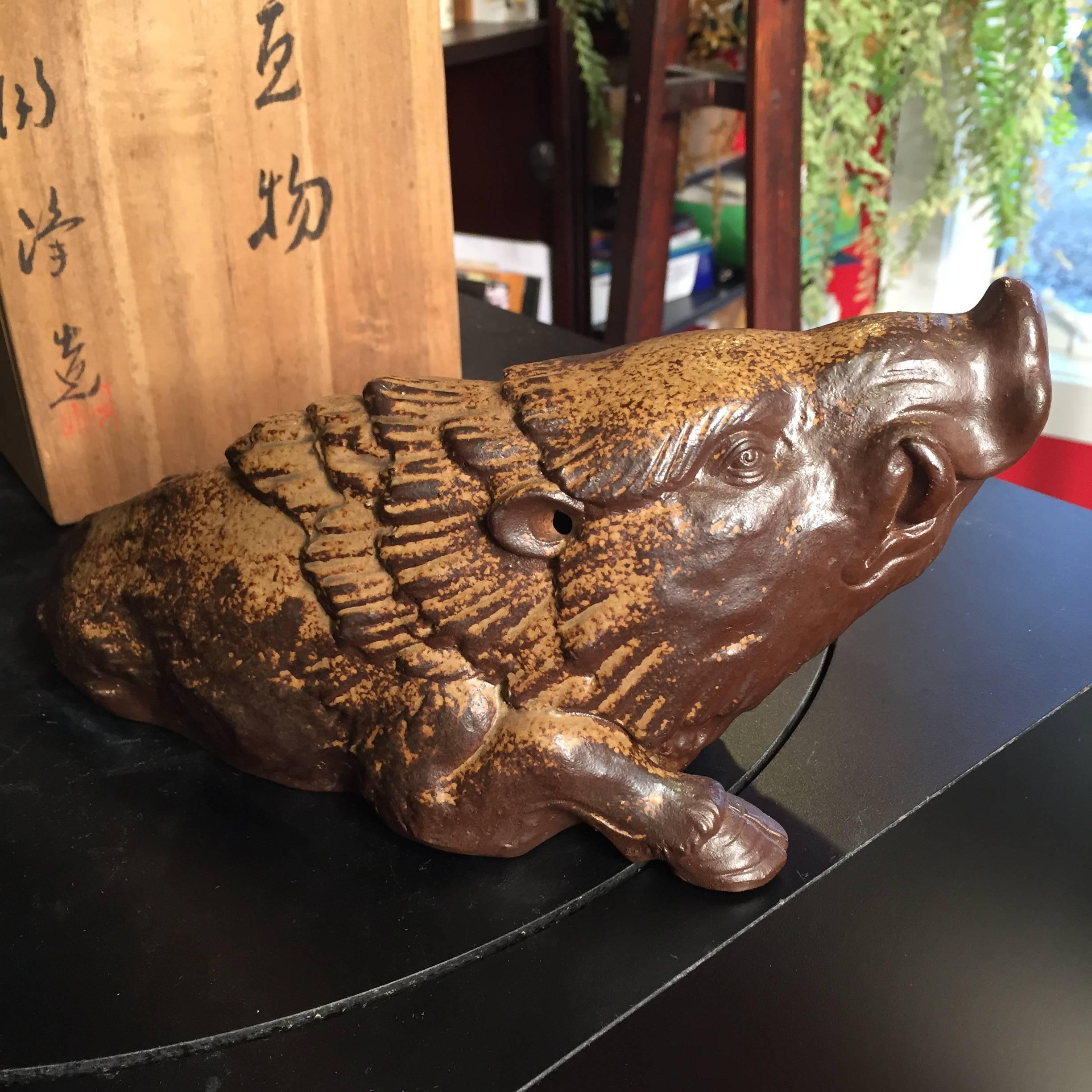 Showa Japan Big Charging Boar Sculpture Finely Finished Signed Mint and Boxed