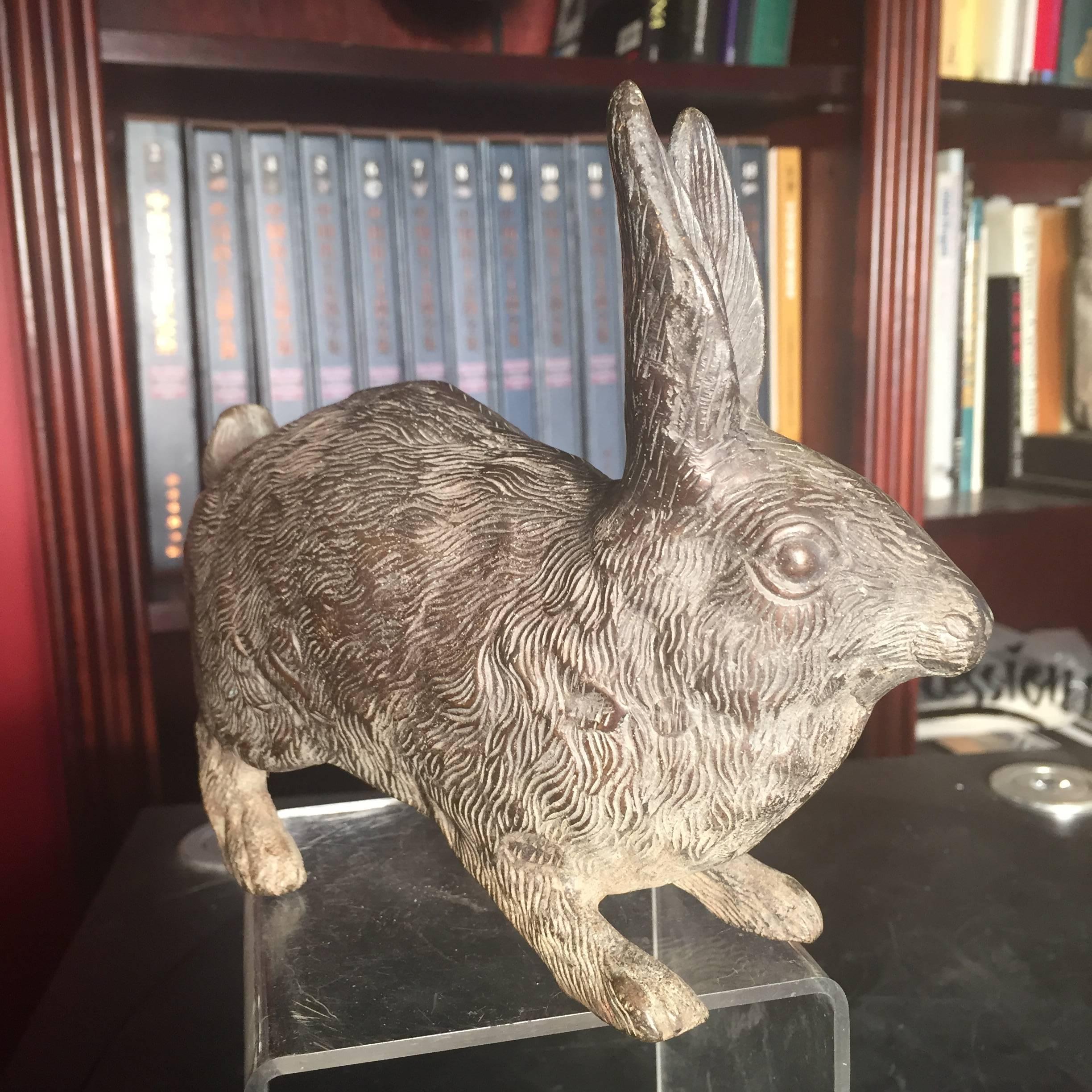 Japan Antique Hand Cast Bronze Scampering Rabbit Pricked Ears Fine Details 1
