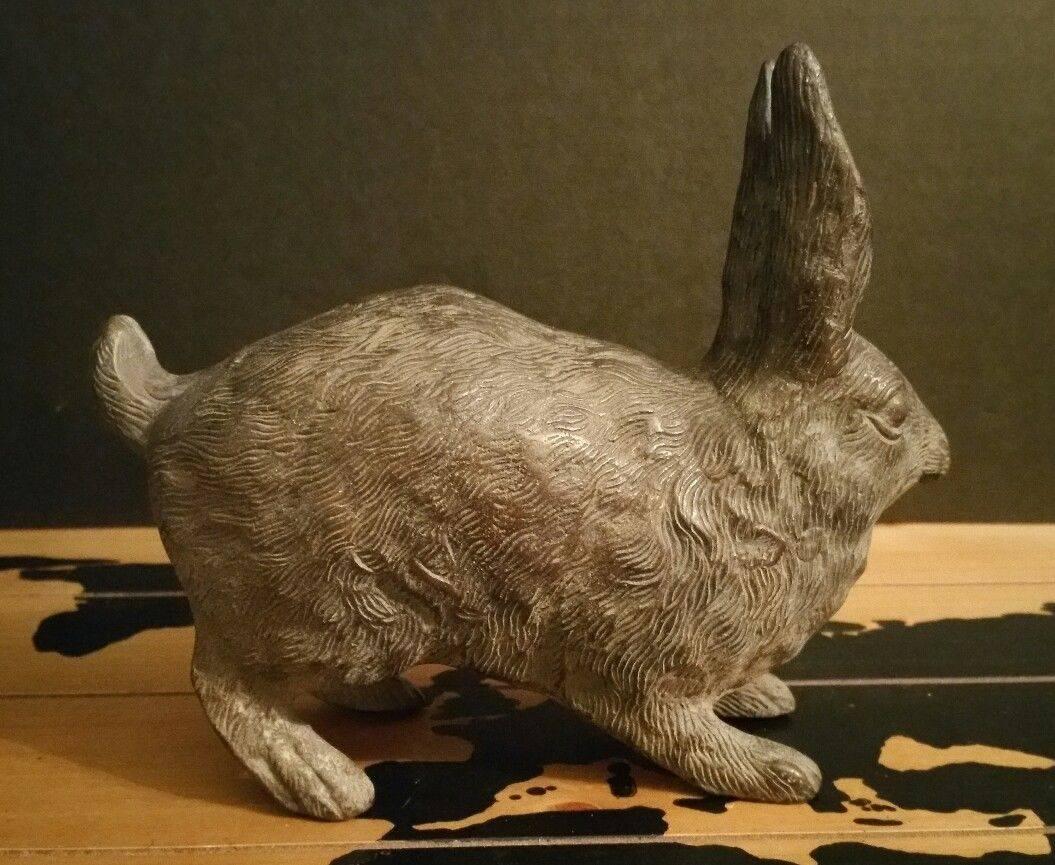 Showa Japan Antique Hand Cast Bronze Scampering Rabbit Pricked Ears Fine Details